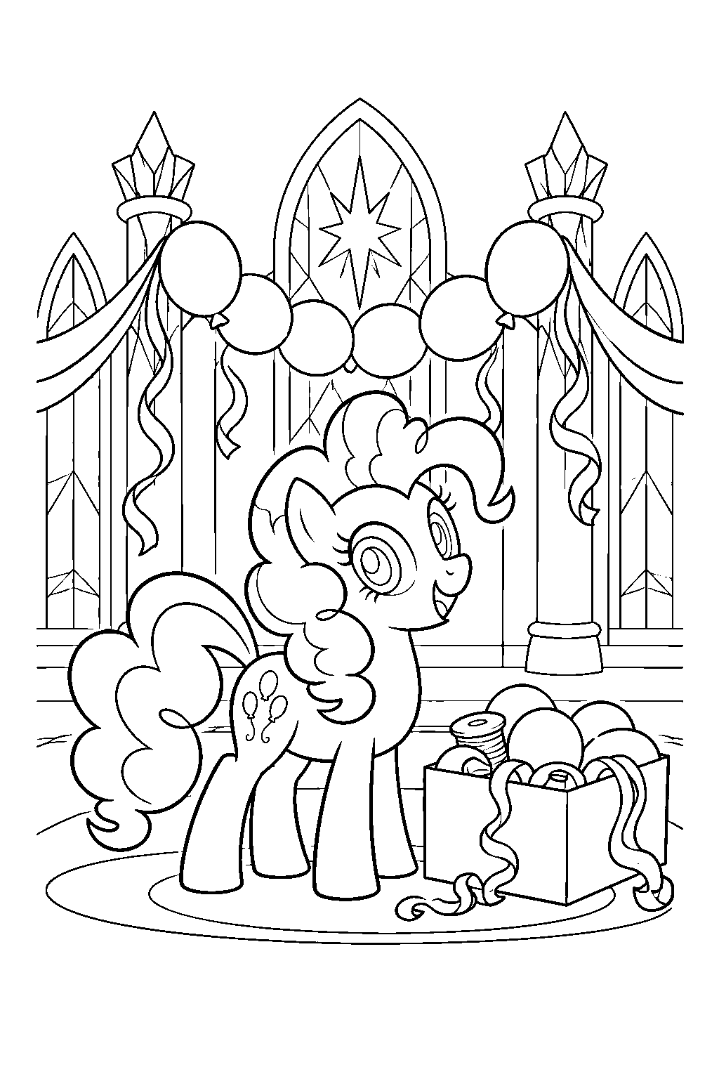 my little pony pinkie pie decorating the friendship castle with party supplies line art