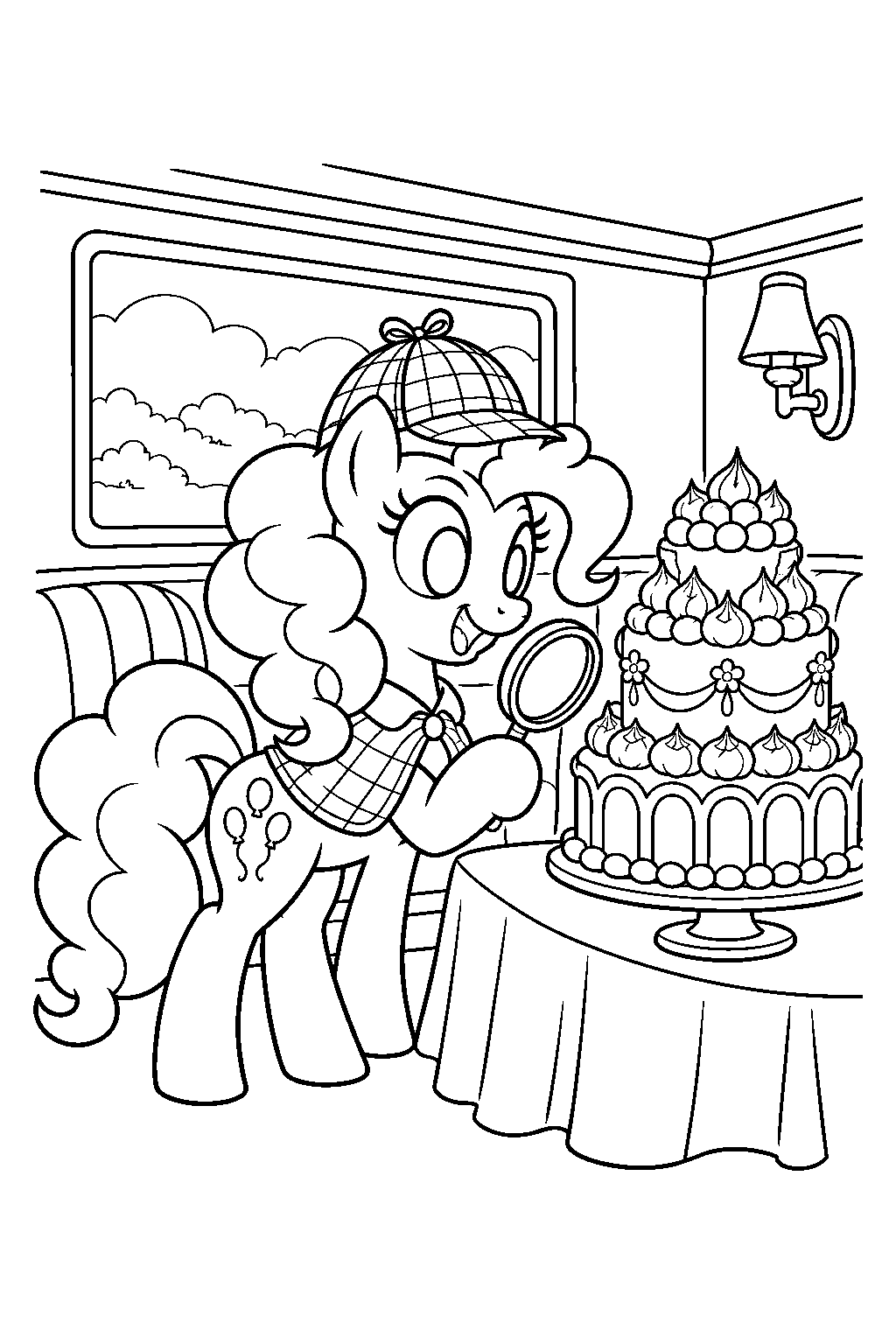 my little pony pinkie pie dressed as a detective beside the marzipan mascarpone meringue madness cake line art