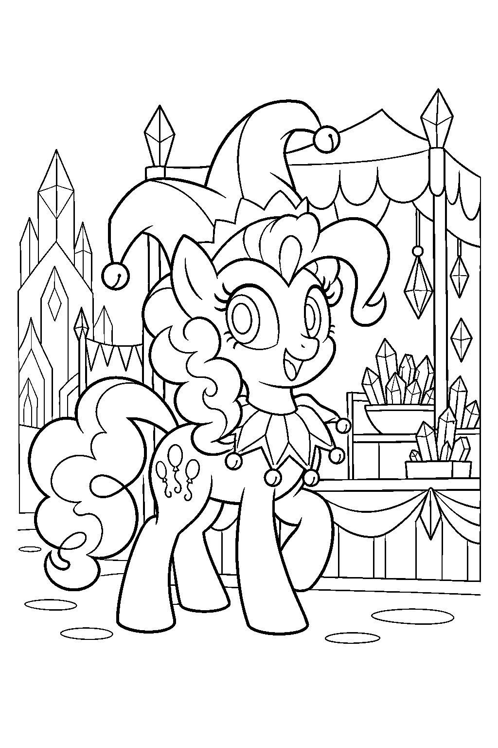 my little pony pinkie pie dressed as a jester at the crystal faire line art