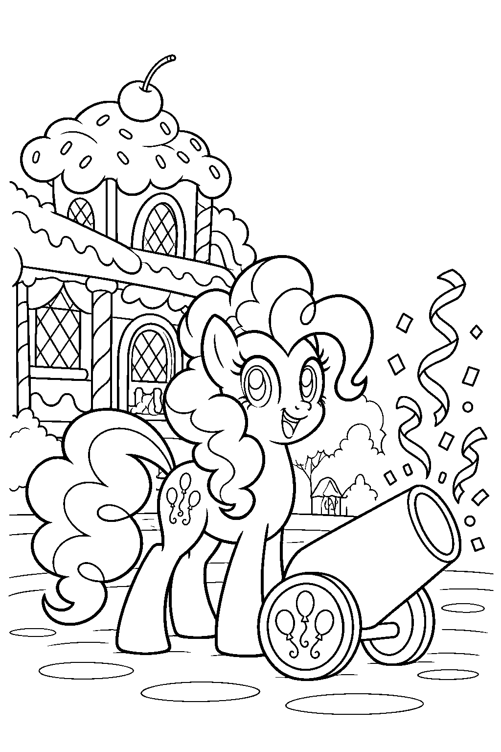 my little pony pinkie pie firing her party cannon outside sugarcube corner line art
