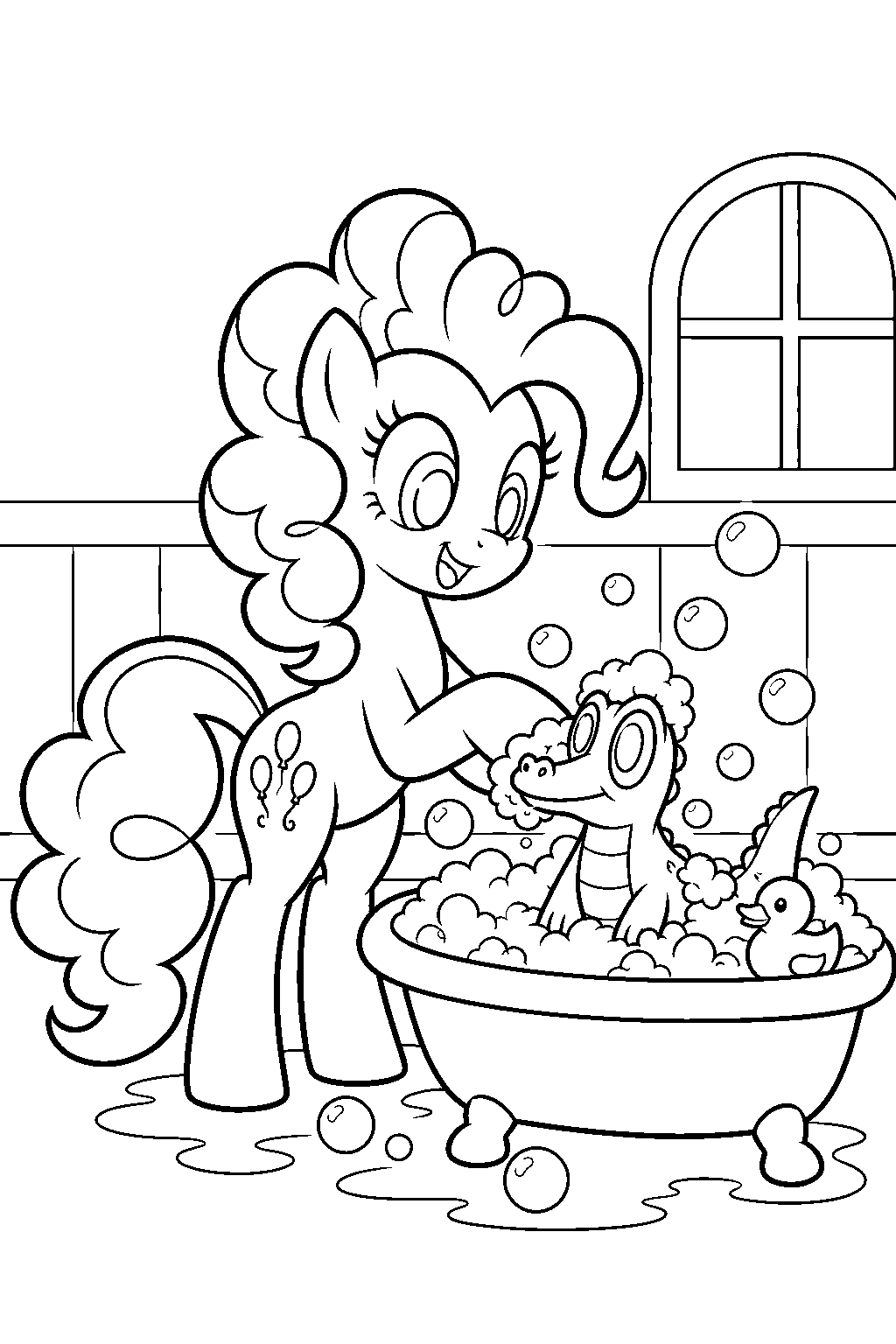 my little pony pinkie pie giving gummy a bubble bath line art
