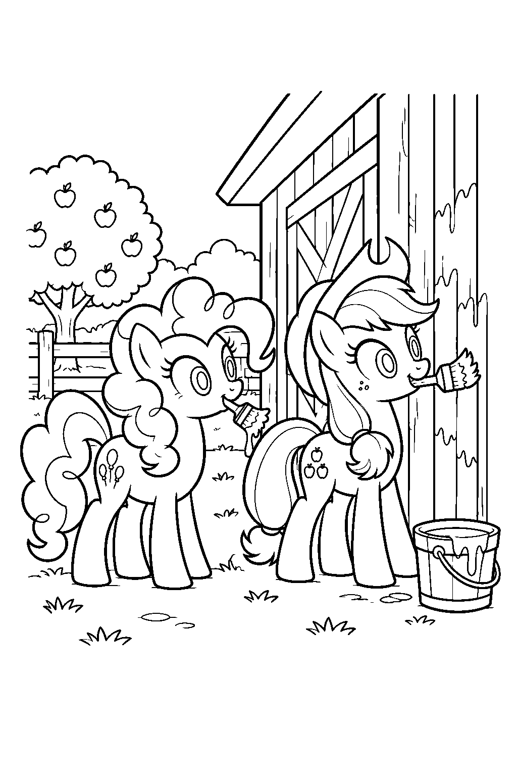 my little pony pinkie pie helping applejack paint the barn at sweet apple acres line art