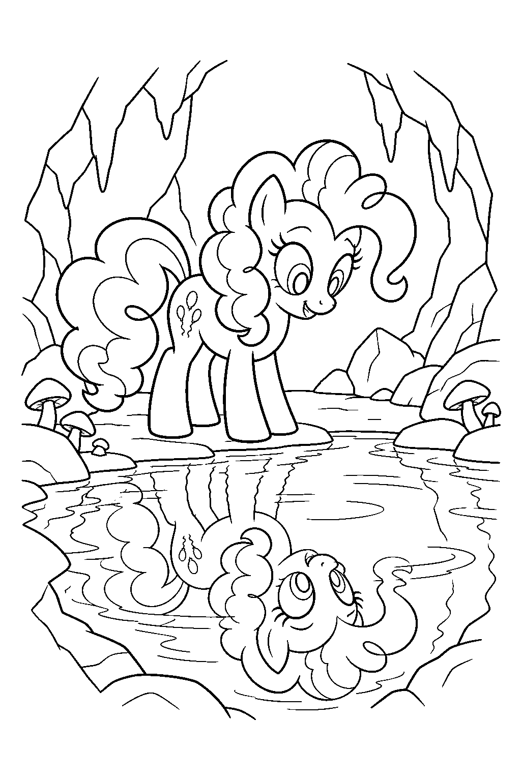 my little pony pinkie pie looking into the mirror pool in an ever forest cave line art