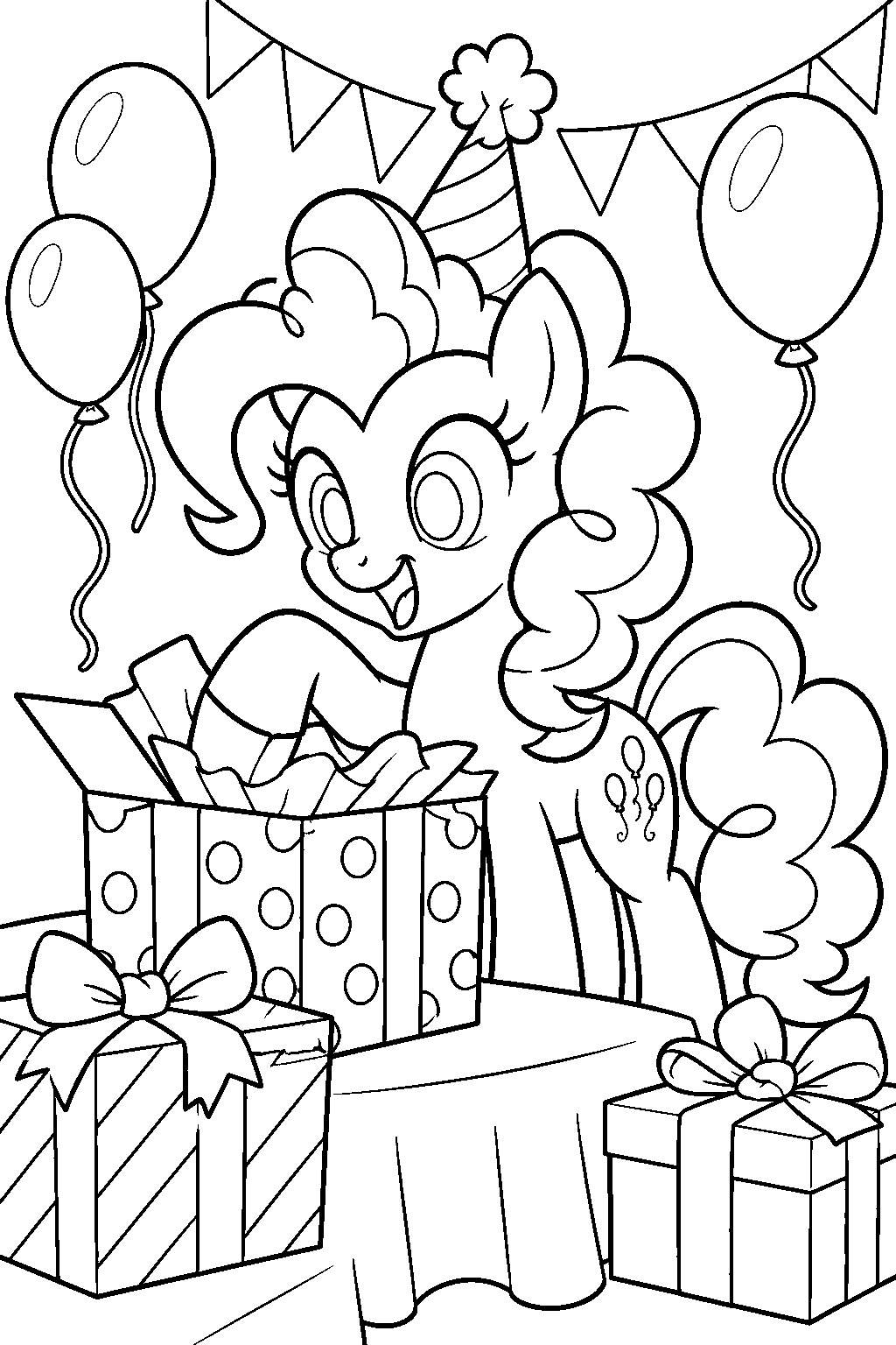 my little pony pinkie pie opening presents at her surprise birthday party line art