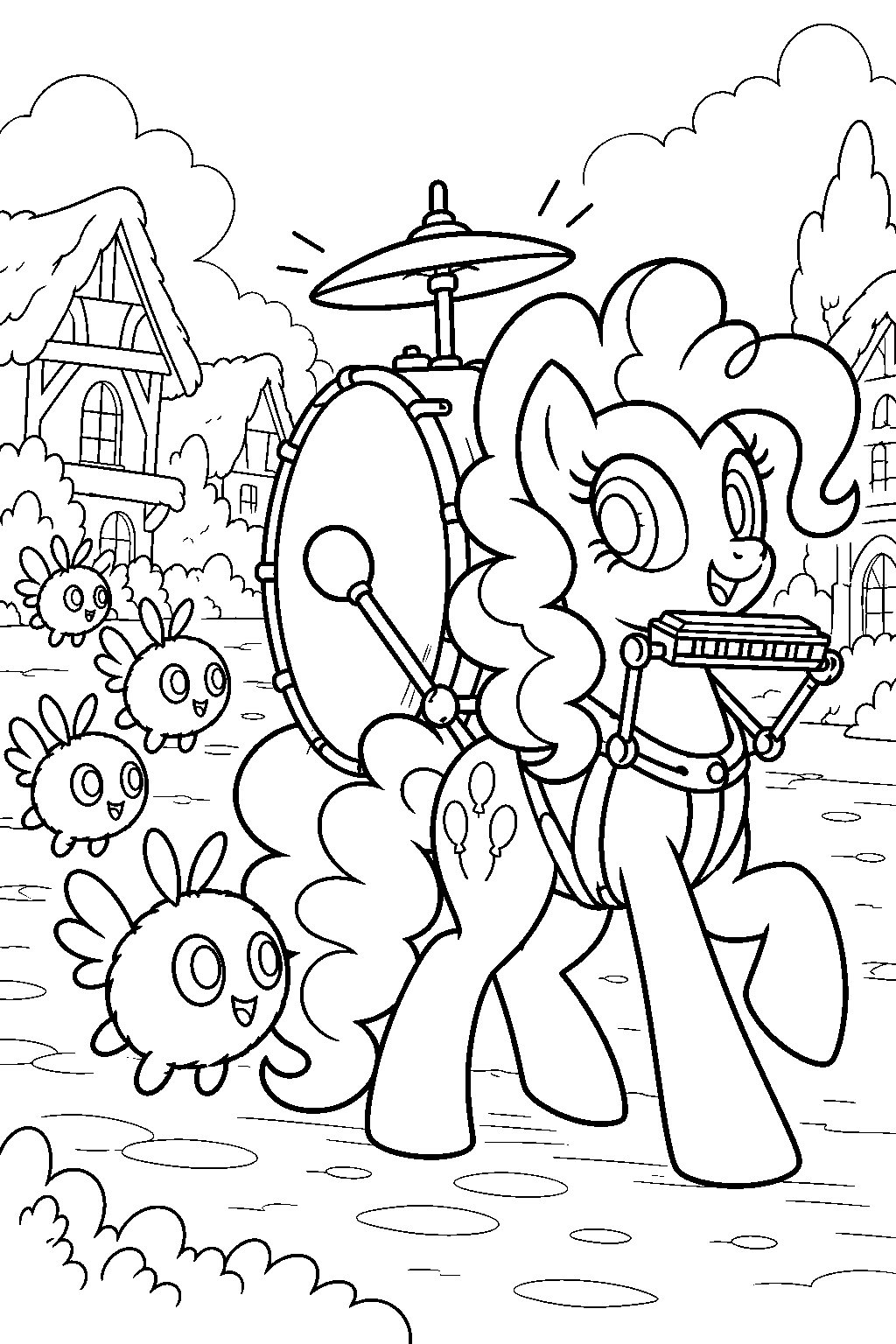 my little pony pinkie pie playing a one pony band to lead parasprites out of ponyville line art