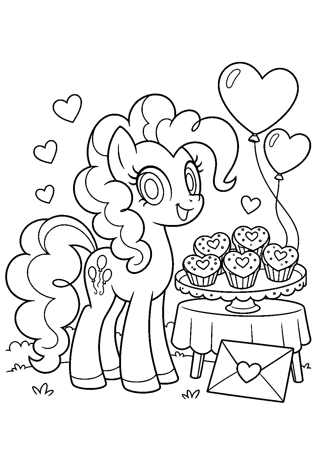 my little pony pinkie pie sharing heart shaped cupcakes on valentine s day line art