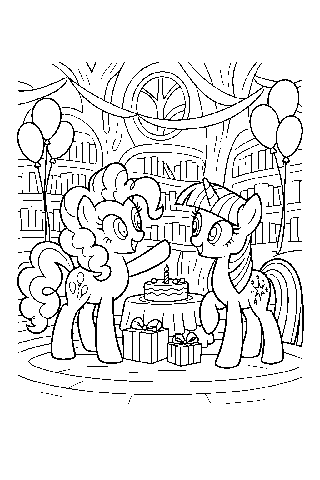 my little pony pinkie pie throwing twilight sparkle s welcome party at the golden oak library line art