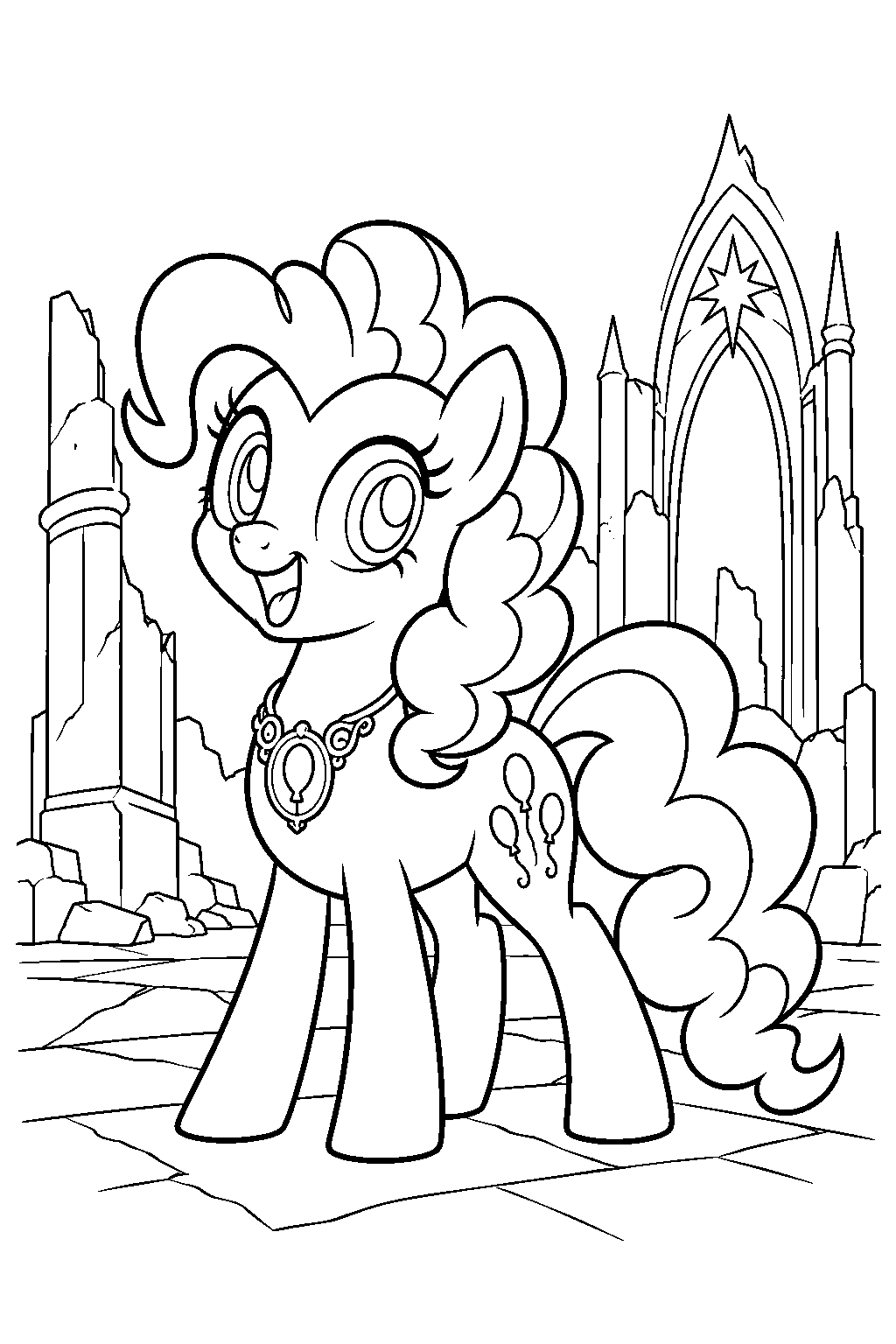 my little pony pinkie pie wearing her element of laughter necklace at the castle of the two sisters line art