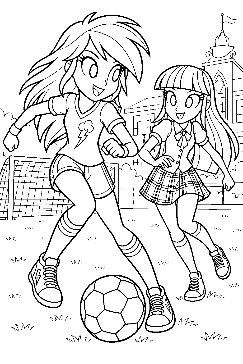 equestria girls rainbow dash playing soccer with twilight sparkle at canterlot high line art