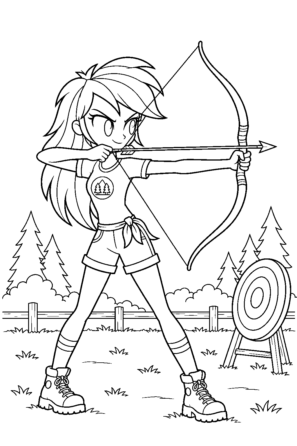 equestria girls rainbow dash practicing archery in her camp ever outfit line art