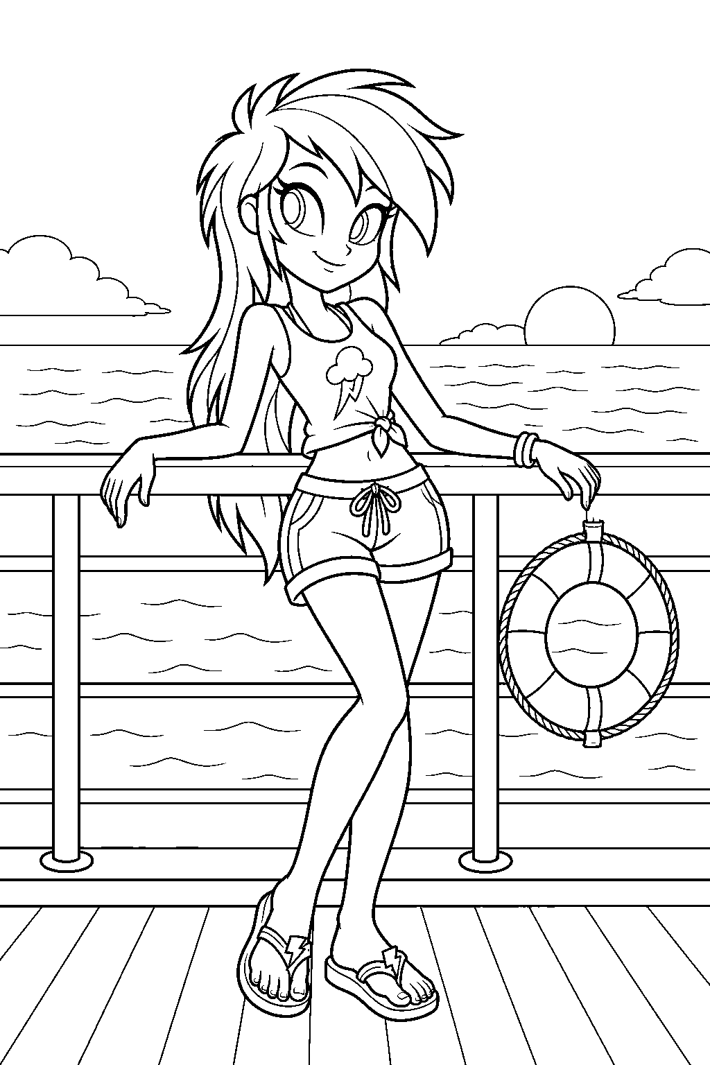 equestria girls rainbow dash relaxing in her cruise outfit on the luxe deluxe ship deck line art