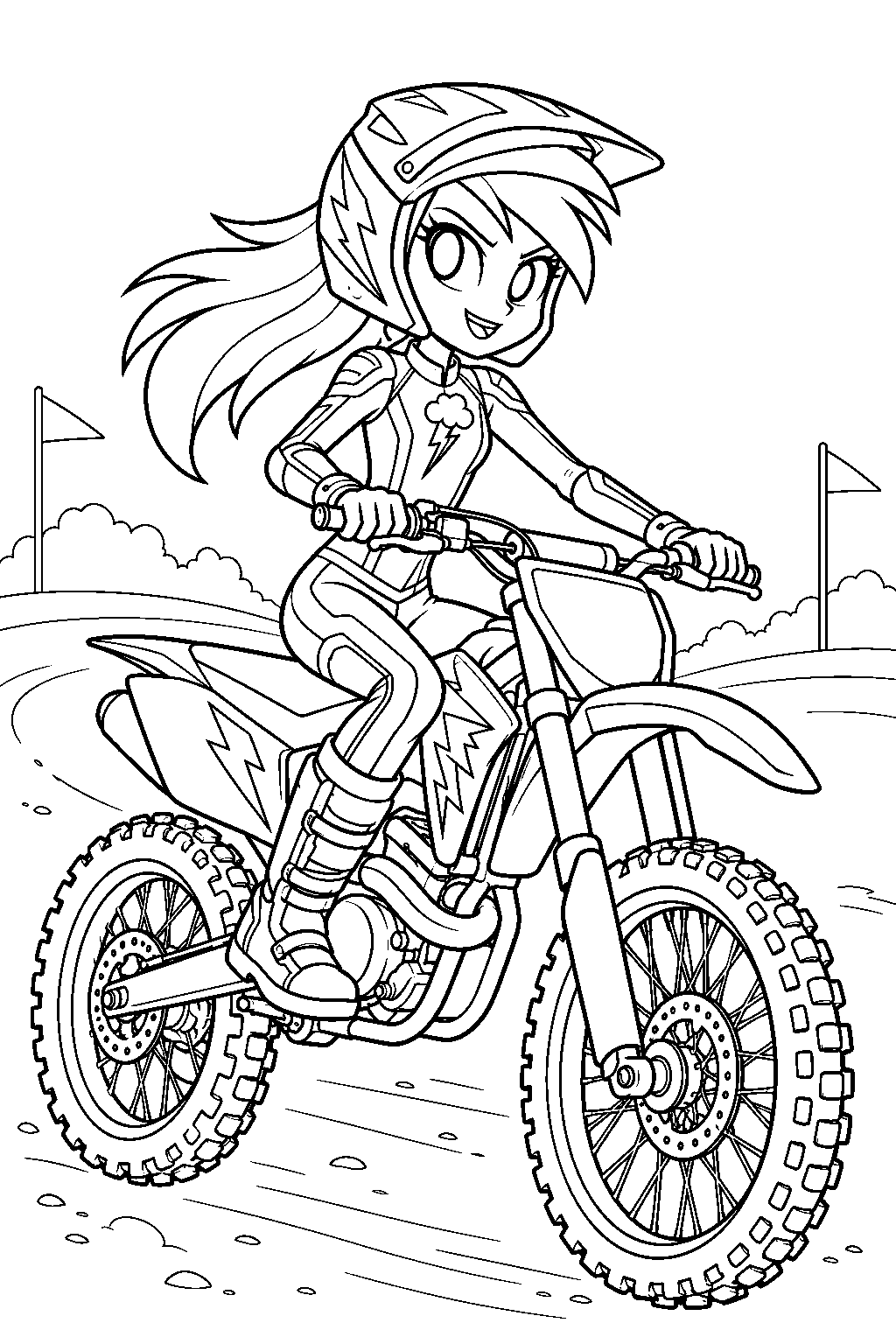 equestria girls rainbow dash riding a motocross motorcycle in her friendship games racing outfit and helmet line art