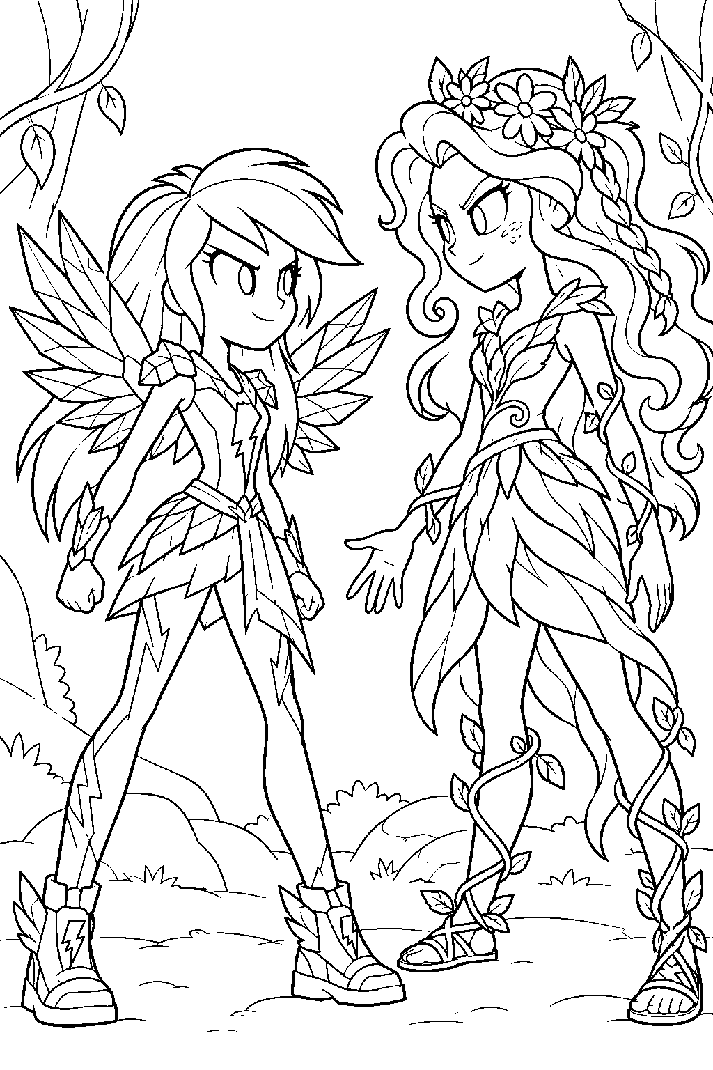 equestria girls rainbow dash wearing her crystal wings outfit and facing gloriosa daisy at camp ever line art