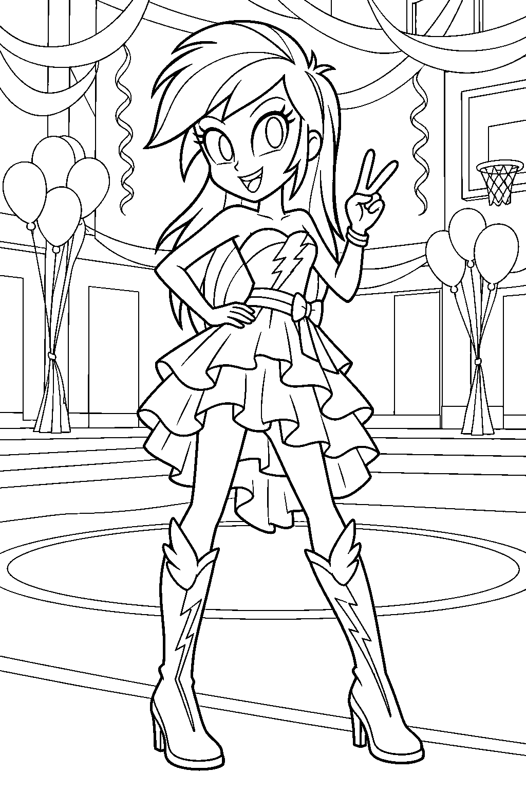 equestria girls rainbow dash wearing her fall formal dress in the decorated canterlot high gym line art