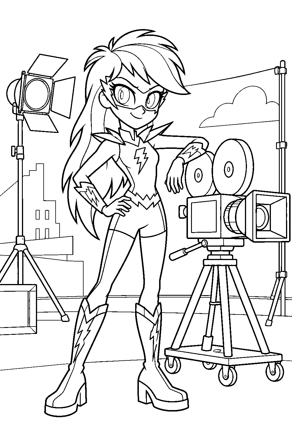 equestria girls rainbow dash wearing her zapp superhero costume on the power ponies movie set line art