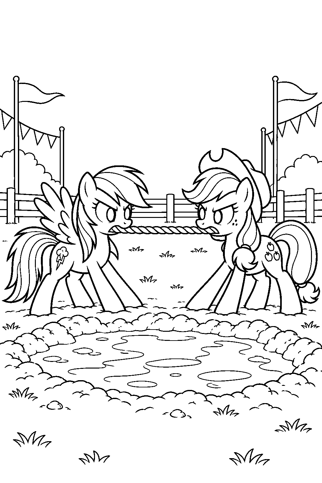 my little pony rainbow dash and applejack gripping a tug of war rope in their mouths at the iron pony competition line art