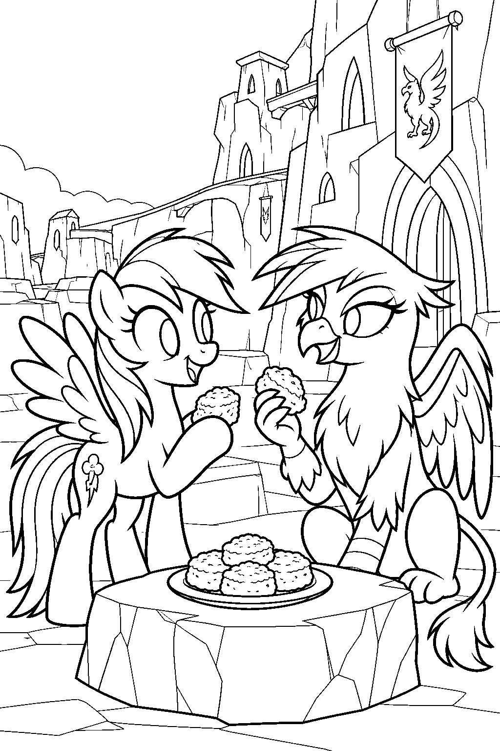 my little pony rainbow dash and gilda sharing griffon scones in griffonstone line art