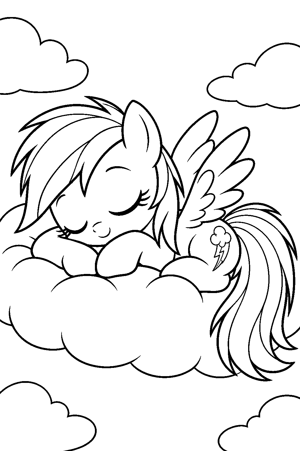 my little pony rainbow dash as a chibi pegasus sleeping on a fluffy cloud line art