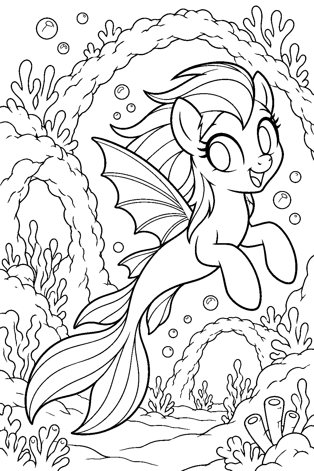 my little pony rainbow dash as a seapony swimming through coral arches in seaquestria line art