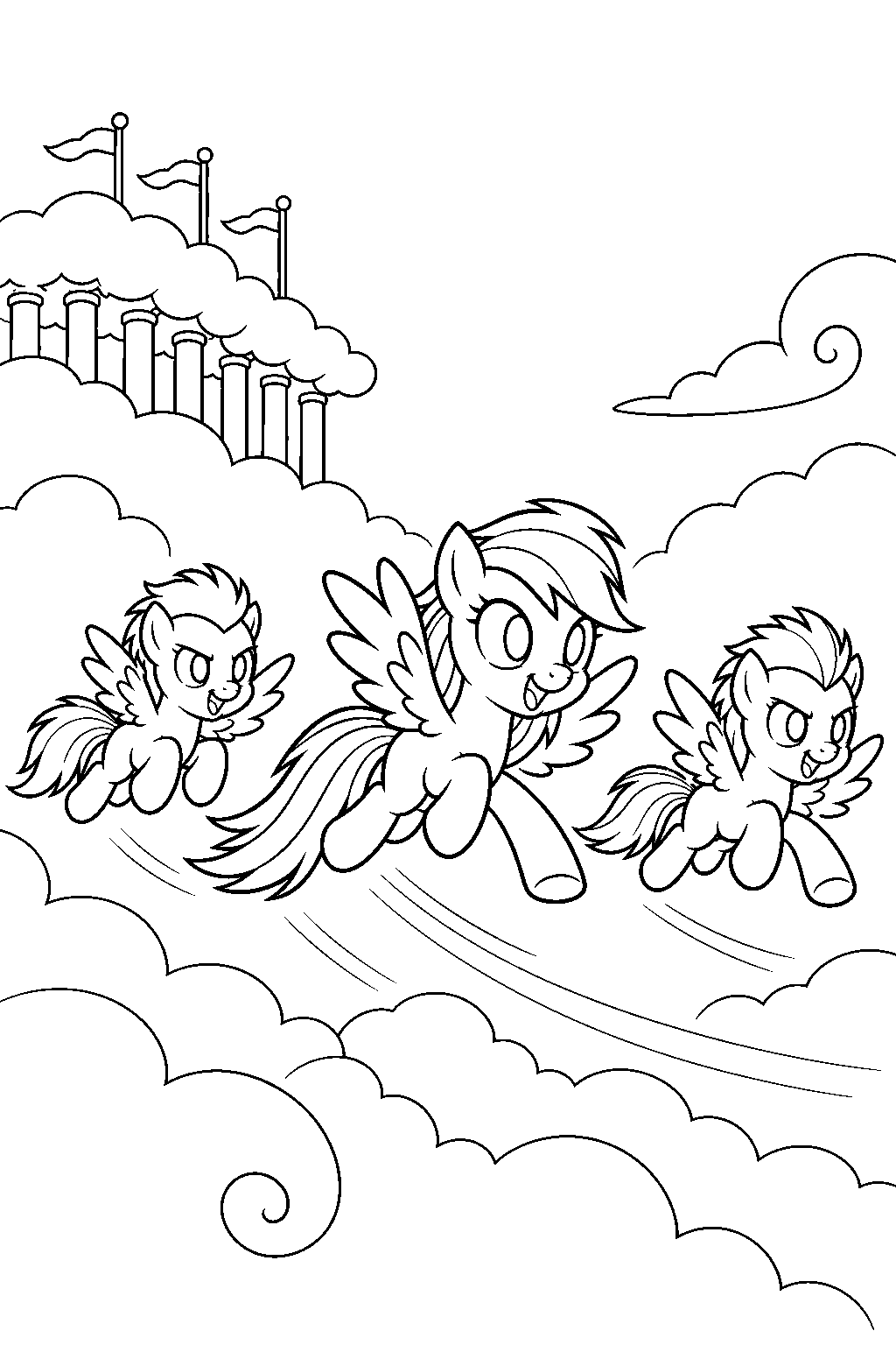 my little pony rainbow dash as a young filly racing two pegasus colts at cloudsdale flight camp line art
