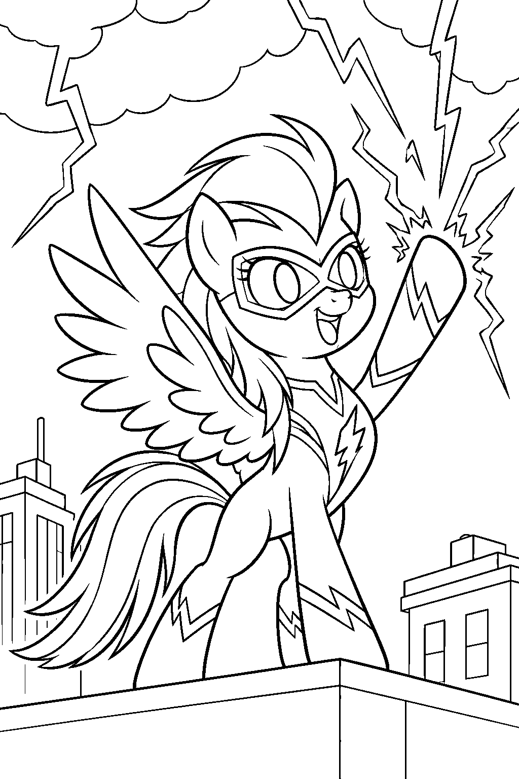 my little pony rainbow dash as zapp summoning lightning above maretropolis line art