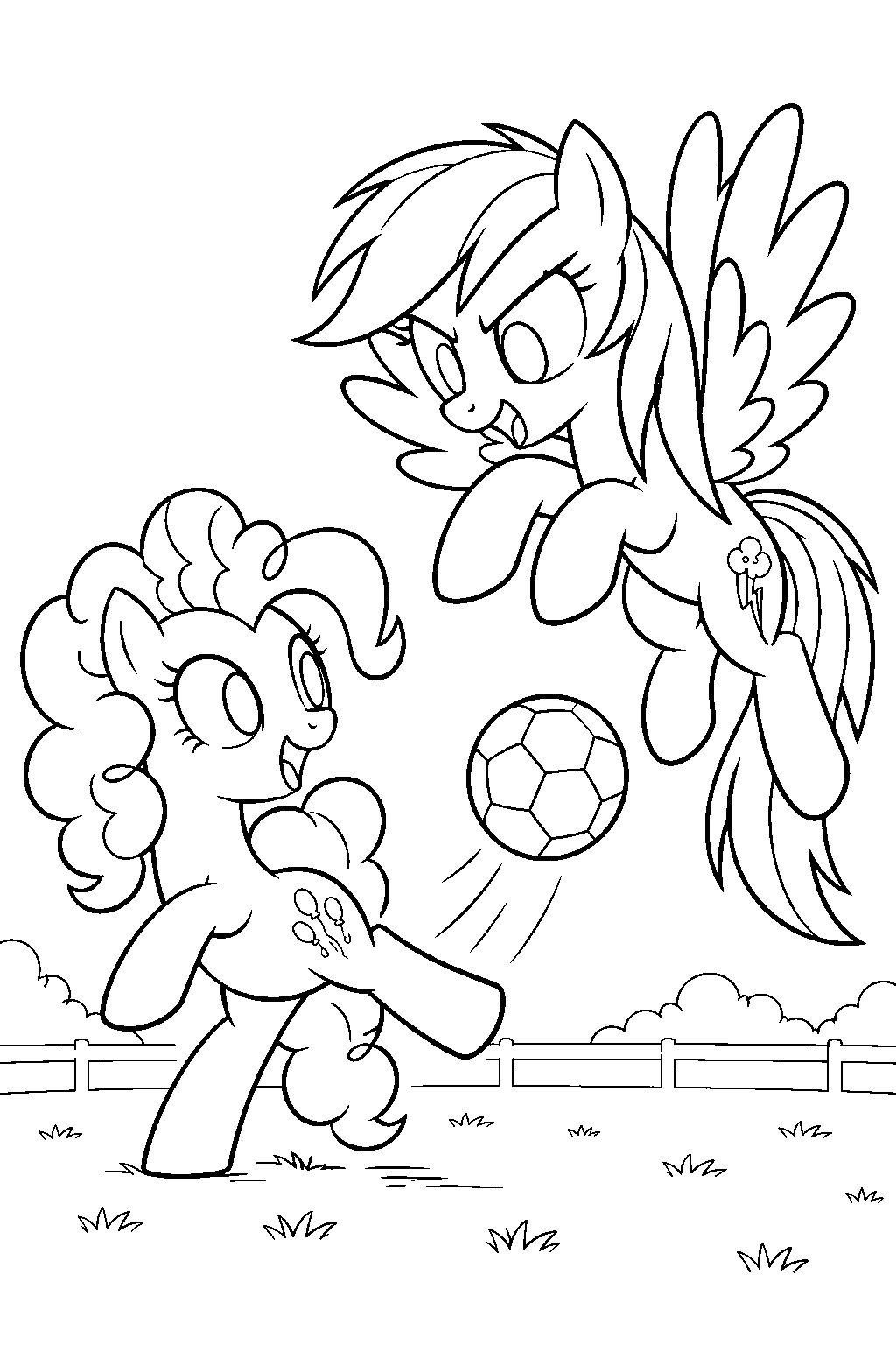 my little pony rainbow dash blocking a buckball during a practice match with pinkie pie line art