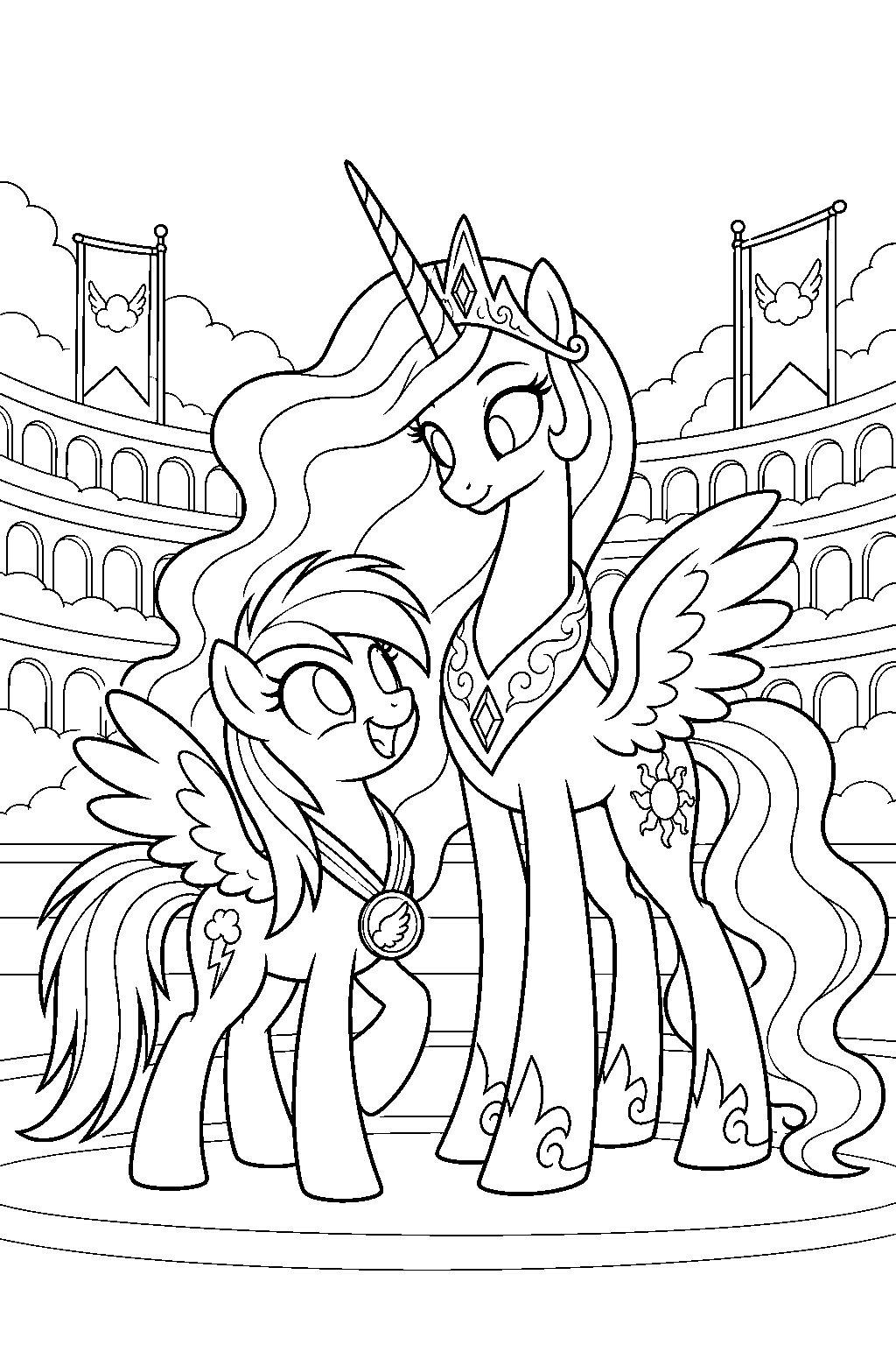 my little pony rainbow dash celebrating her best young flyer victory beside princess celestia at the cloudosseum line art