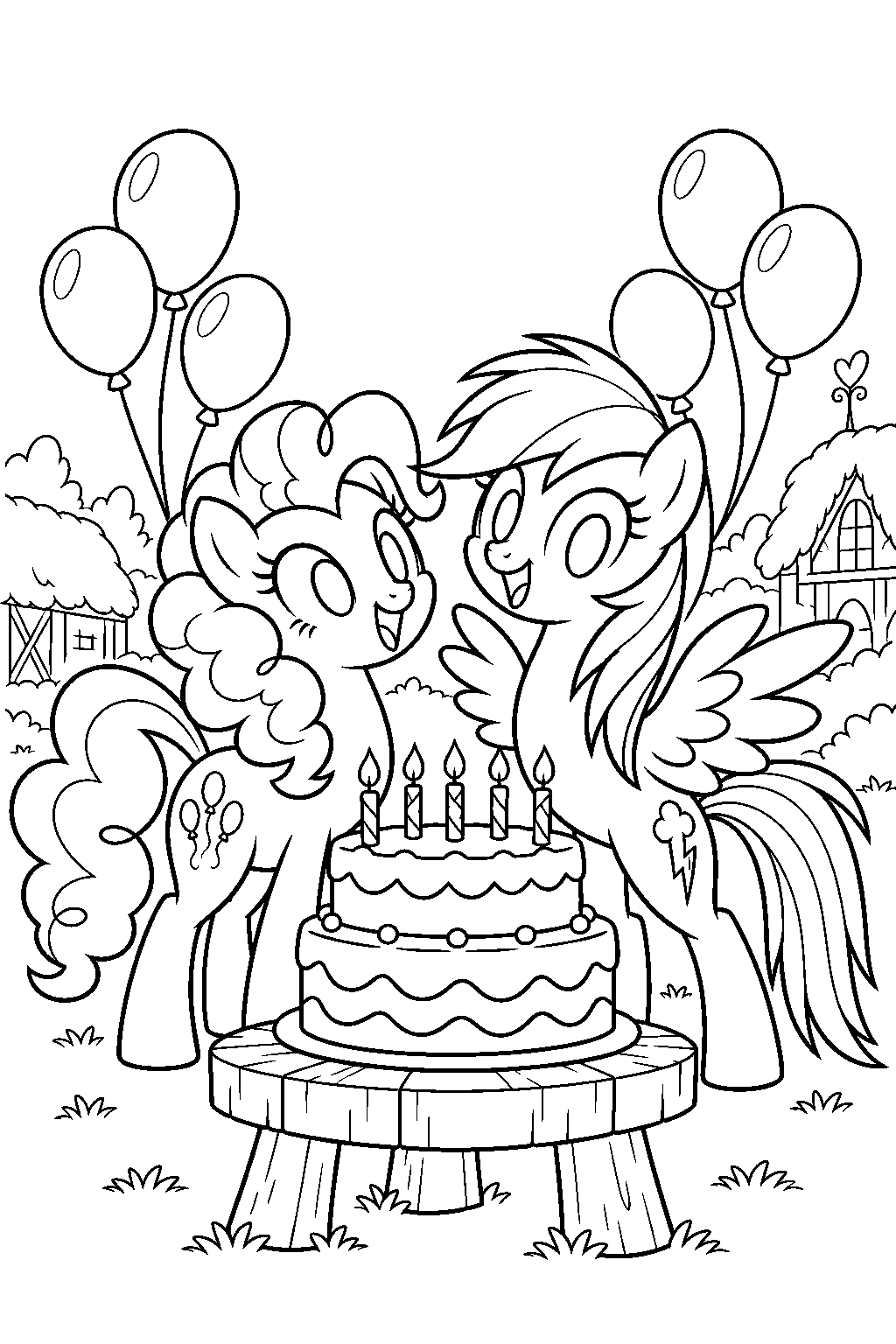 my little pony rainbow dash celebrating her birthday with pinkie pie beside a party cake in ponyville line art