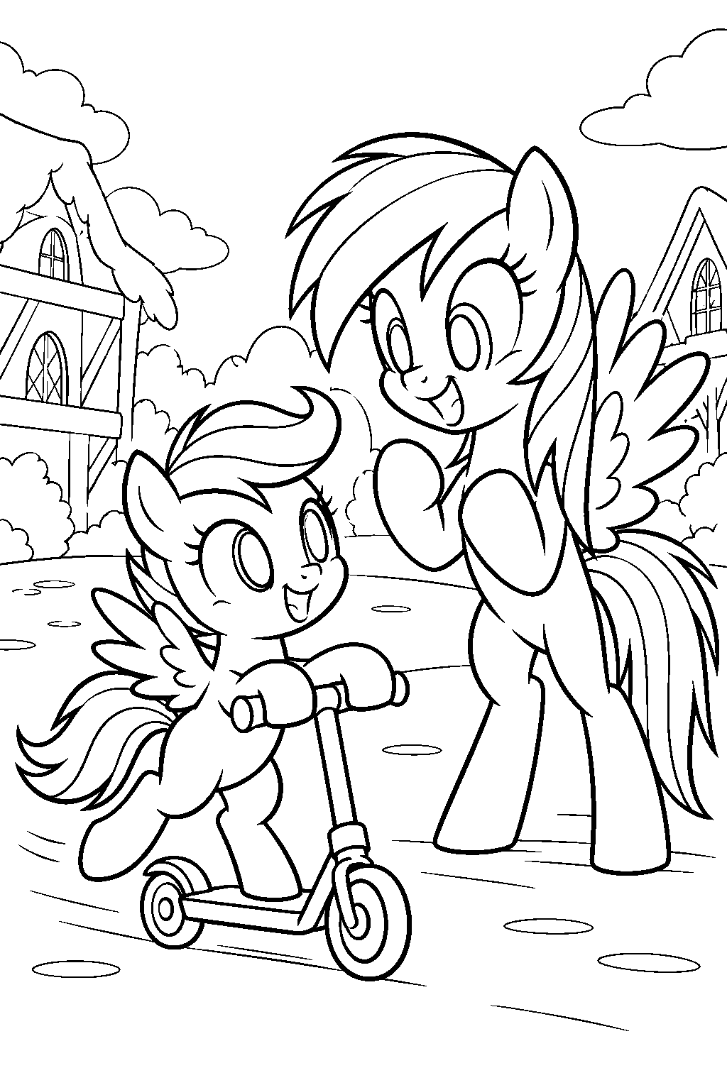my little pony rainbow dash cheering for scootaloo as she rides her scooter through ponyville line art