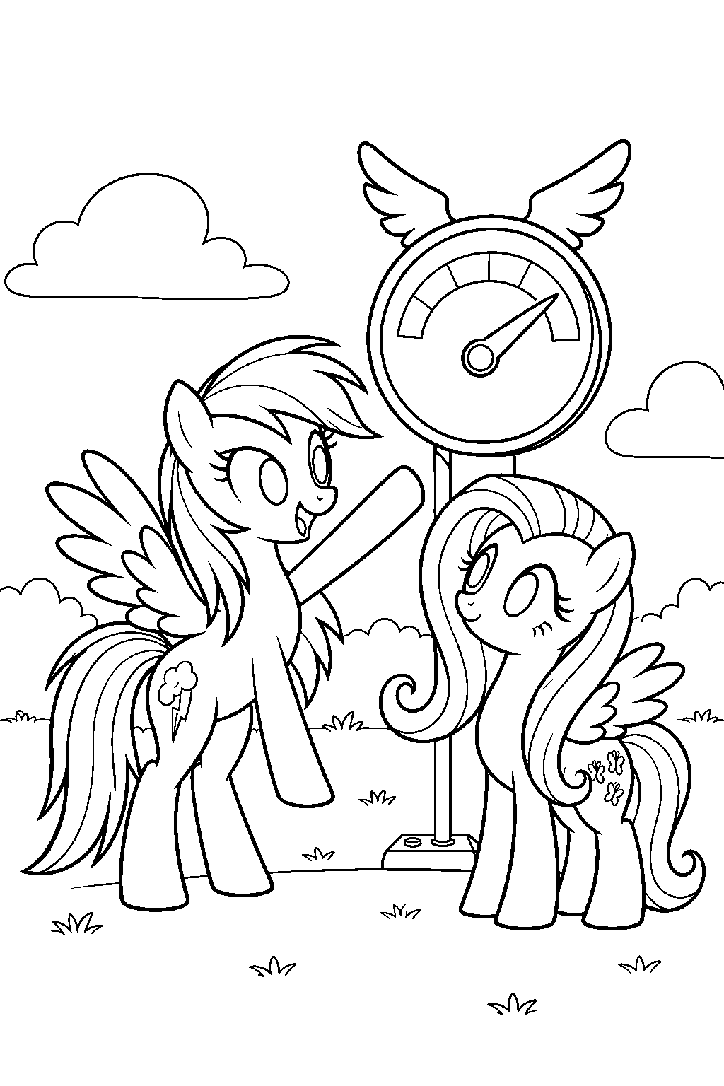 my little pony rainbow dash coaching fluttershy beside a wing power meter line art