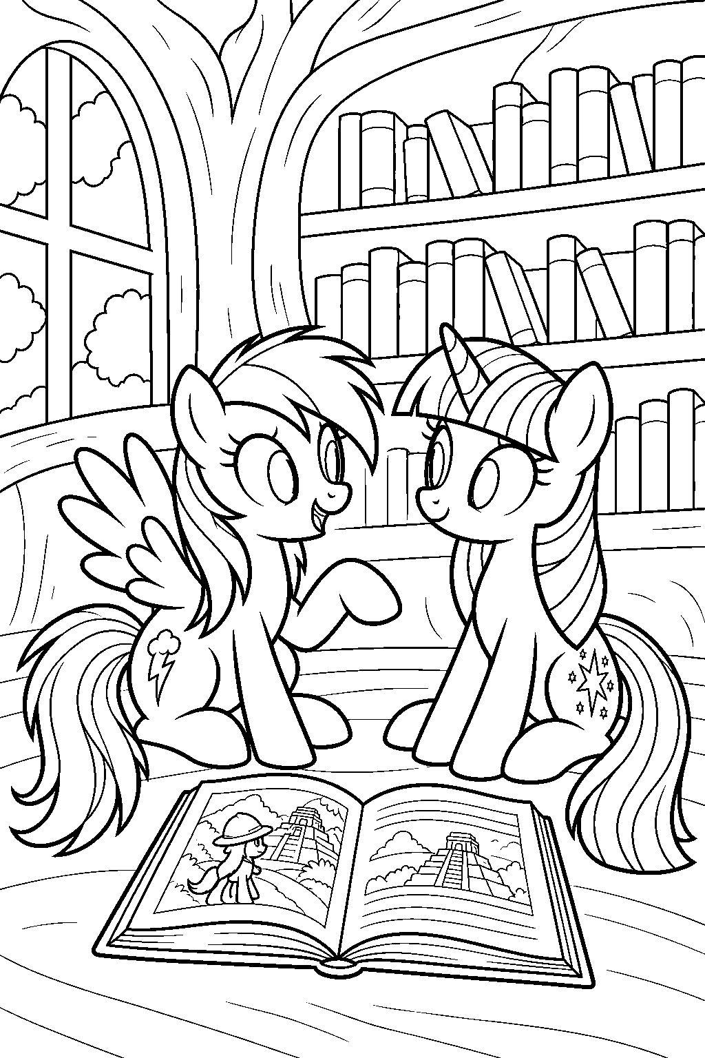 my little pony rainbow dash discussing a daring do book with twilight sparkle at the golden oak library line art