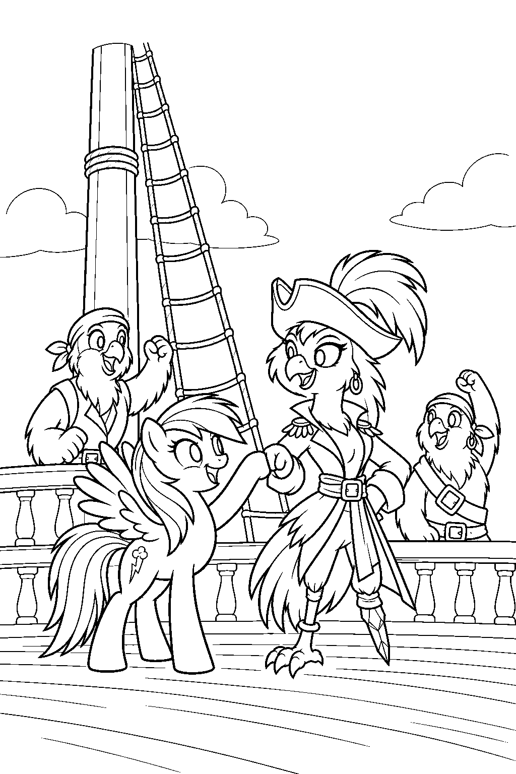 my little pony rainbow dash encouraging captain celaeno and her crew aboard their pirate airship line art