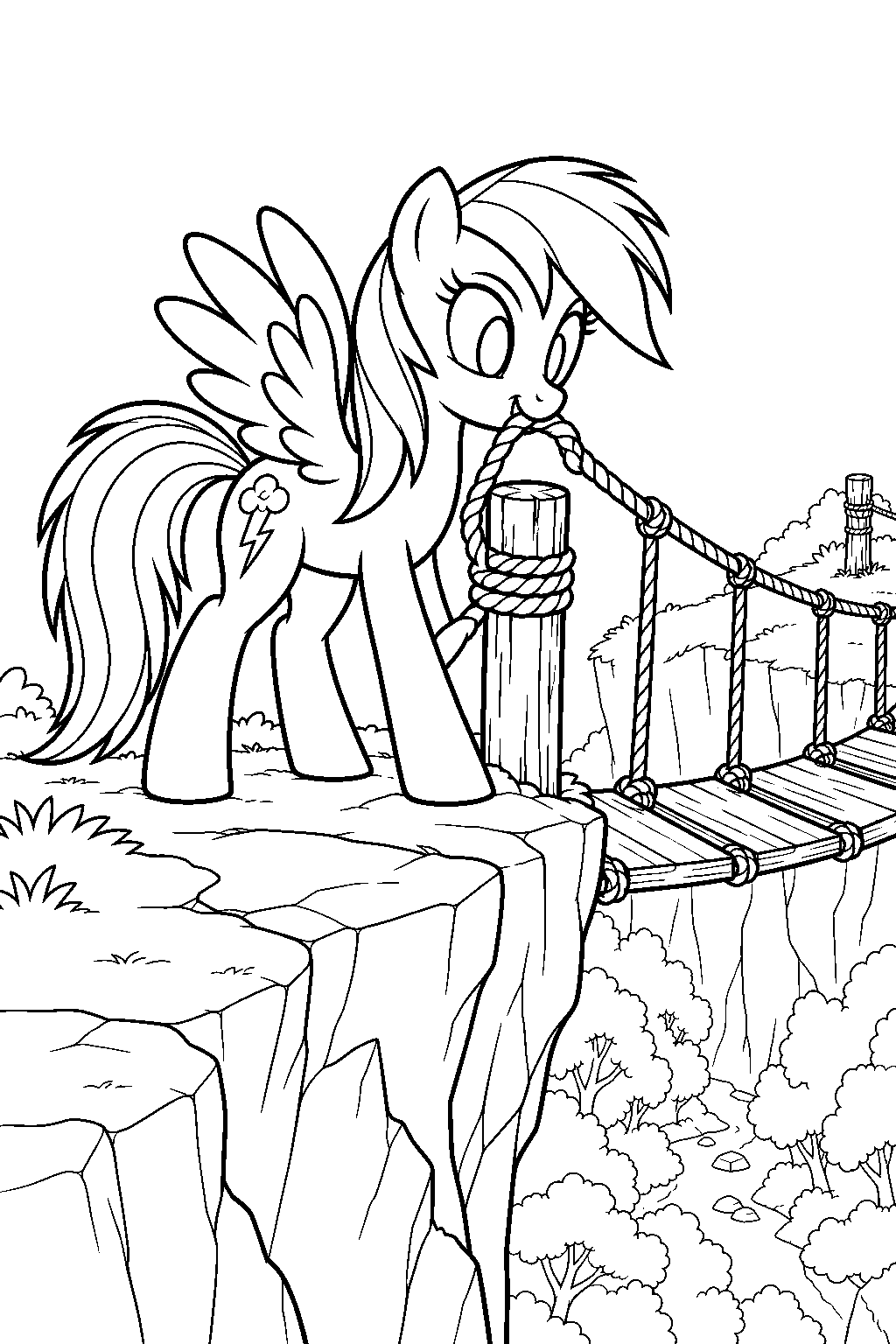 my little pony rainbow dash fixing a rope bridge above an ever forest ravine line art
