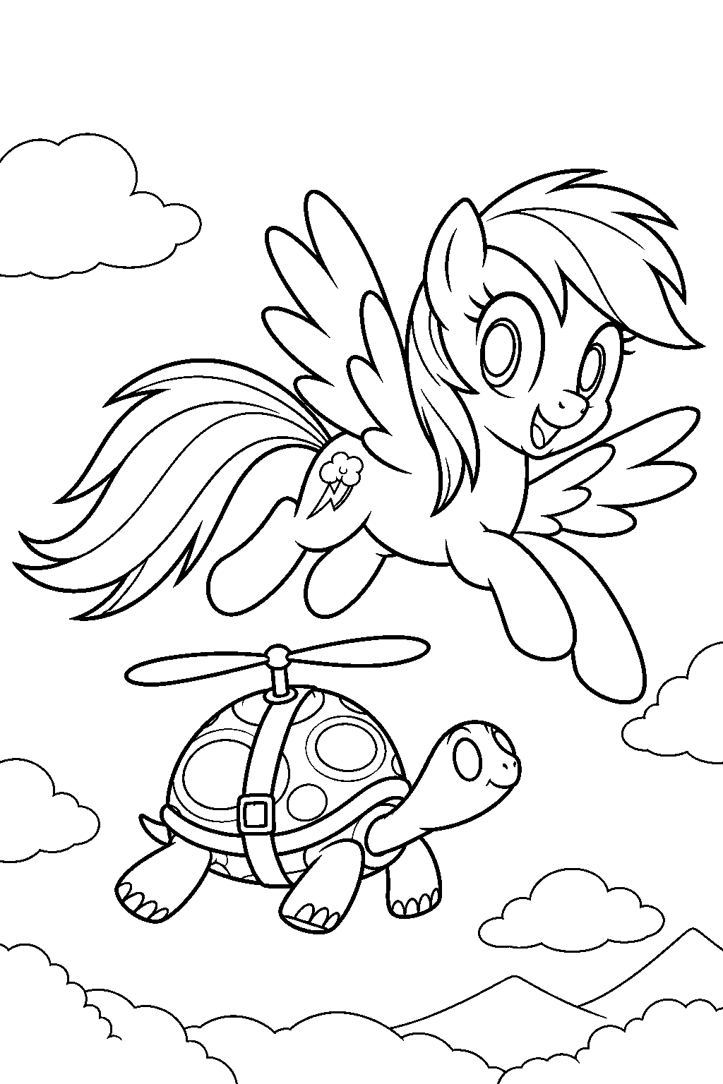 my little pony rainbow dash flying beside tank the tortoise in his propeller harness line art