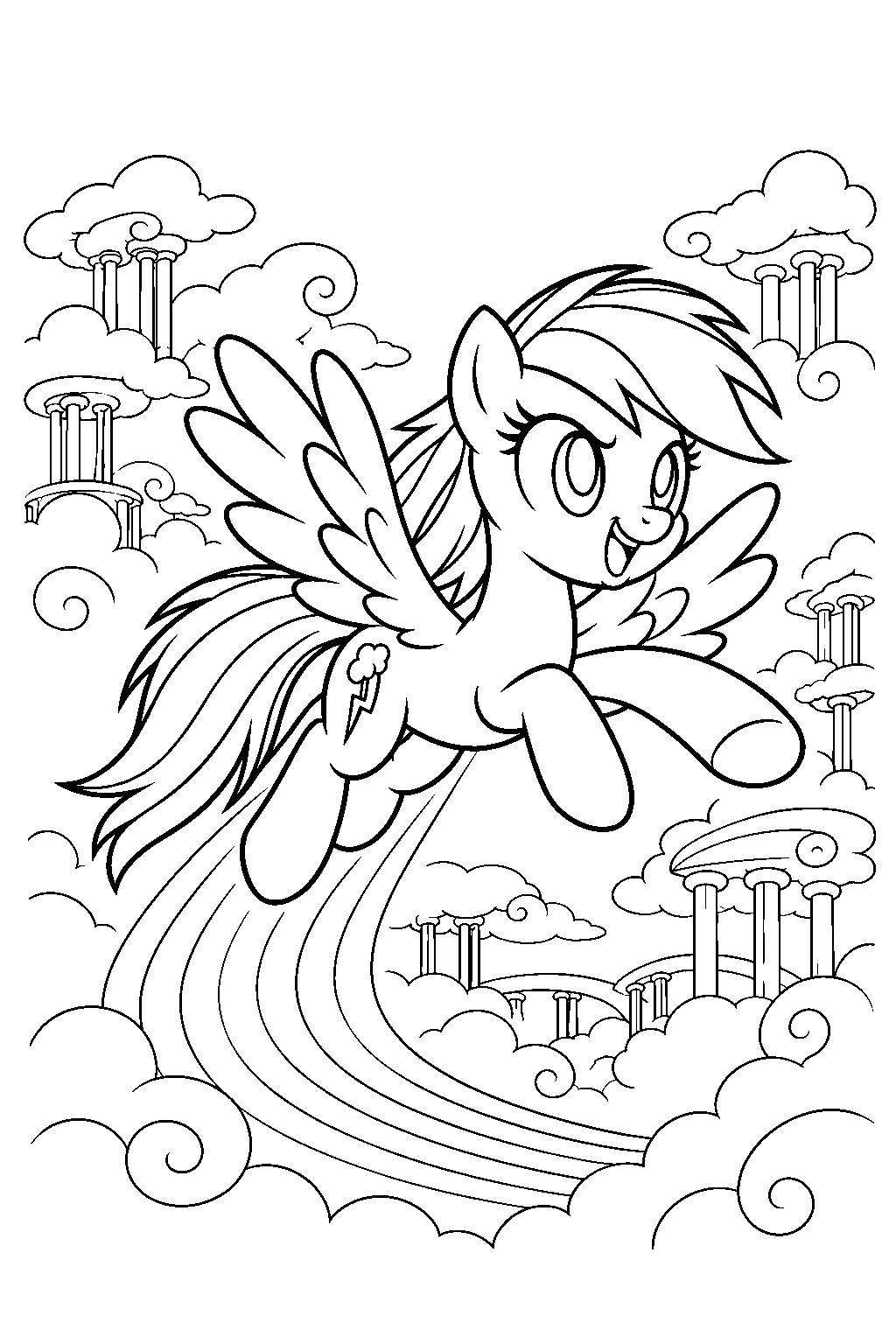my little pony rainbow dash flying through the cloud towers of cloudsdale with a rainbow trail line art