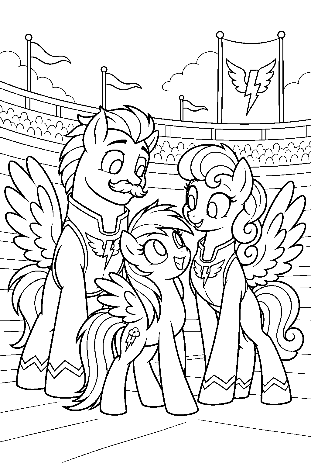my little pony rainbow dash greeting her parents bow hothoof and windy whistles at a wonderbolts stadium line art