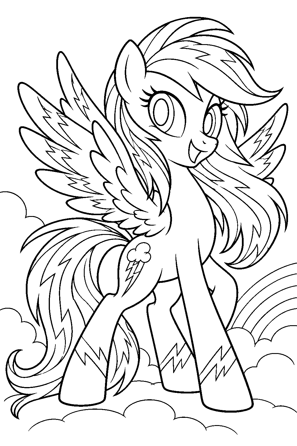 my little pony rainbow dash in her rainbow power form with a flowing patterned mane and feathered wings line art