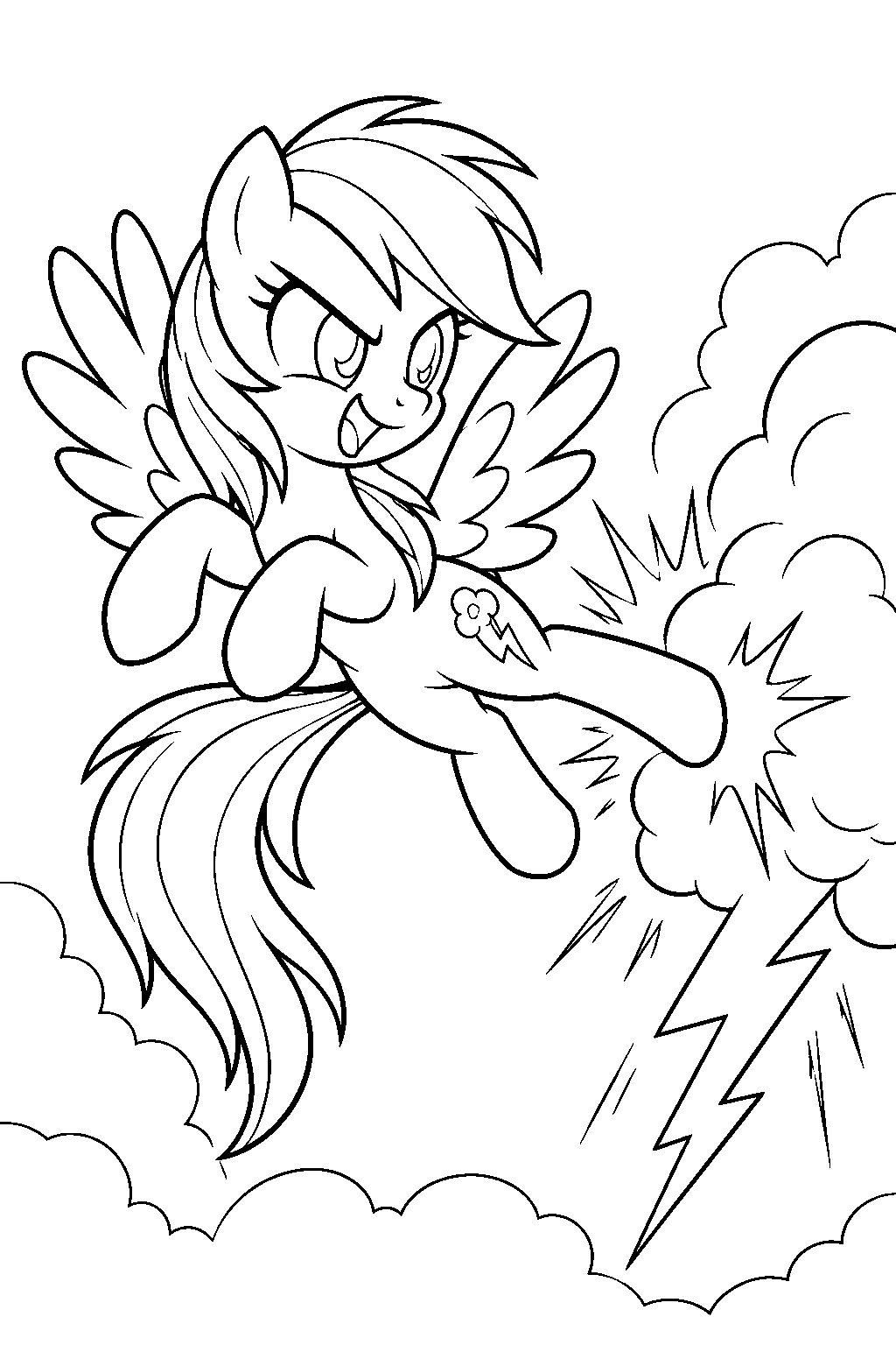 my little pony rainbow dash kicking a storm cloud to release a lightning bolt line art