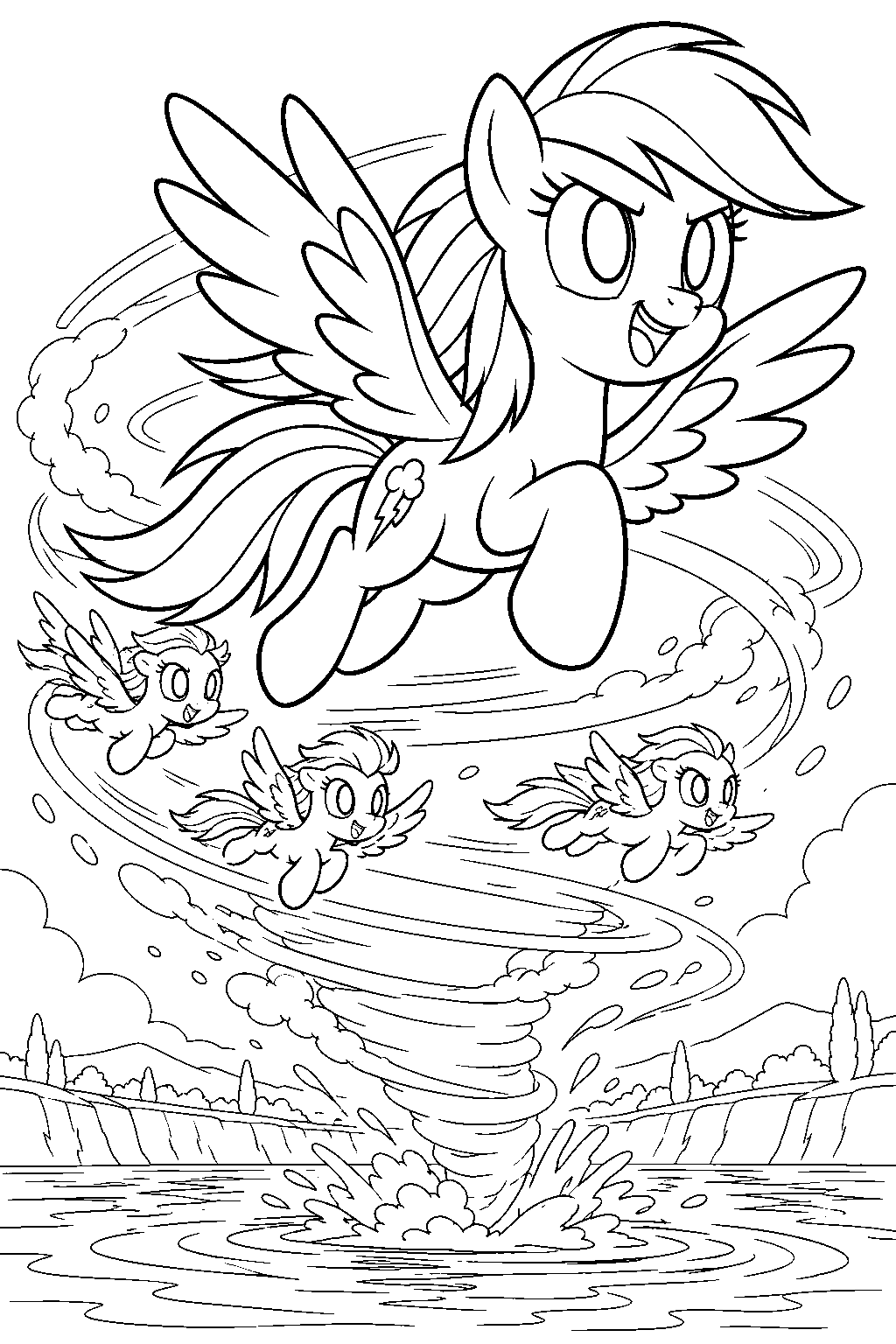 my little pony rainbow dash leading a pegasus tornado above the ponyville reservoir line art