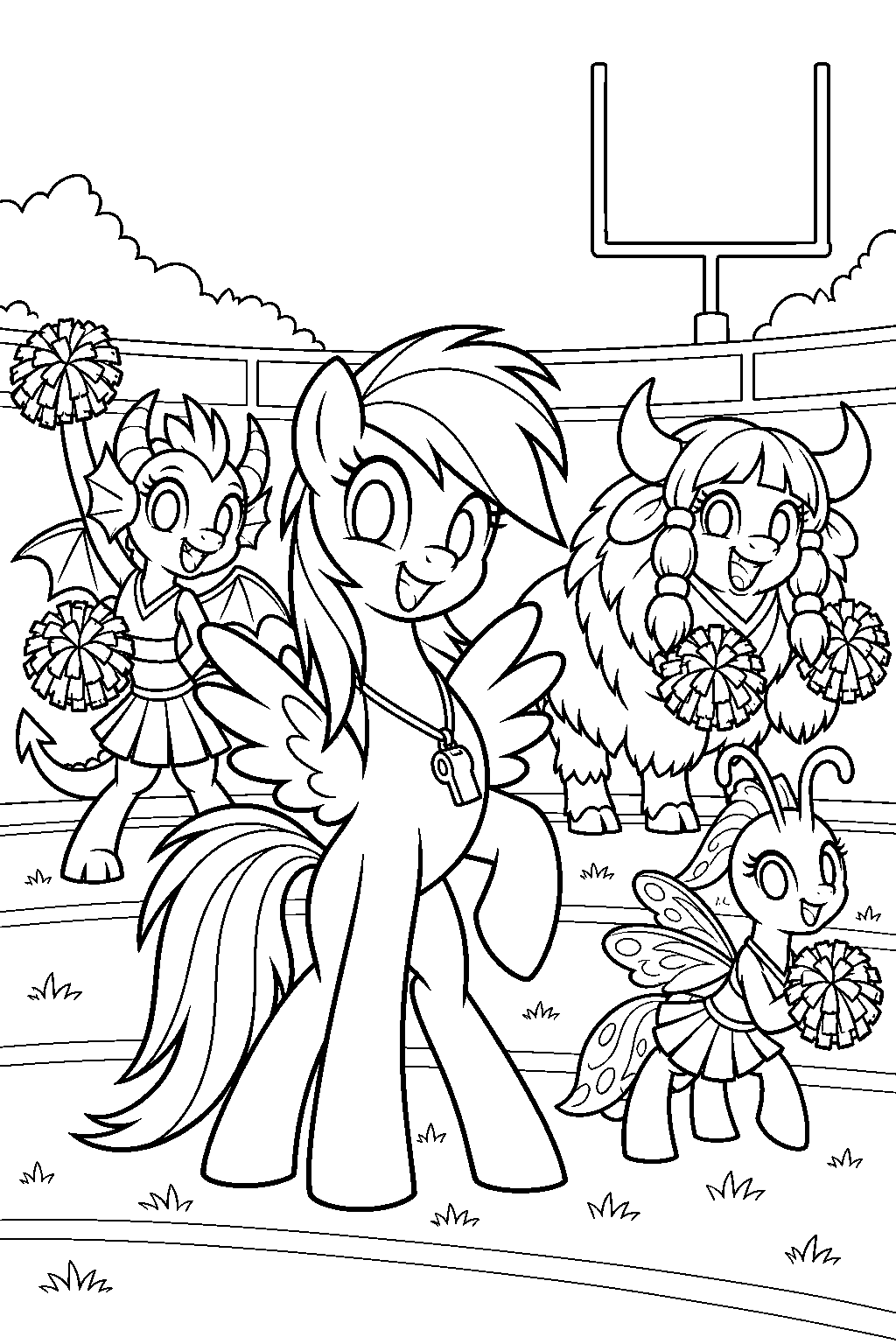 my little pony rainbow dash leading the school of friendship cheer squad beside the buckball field line art