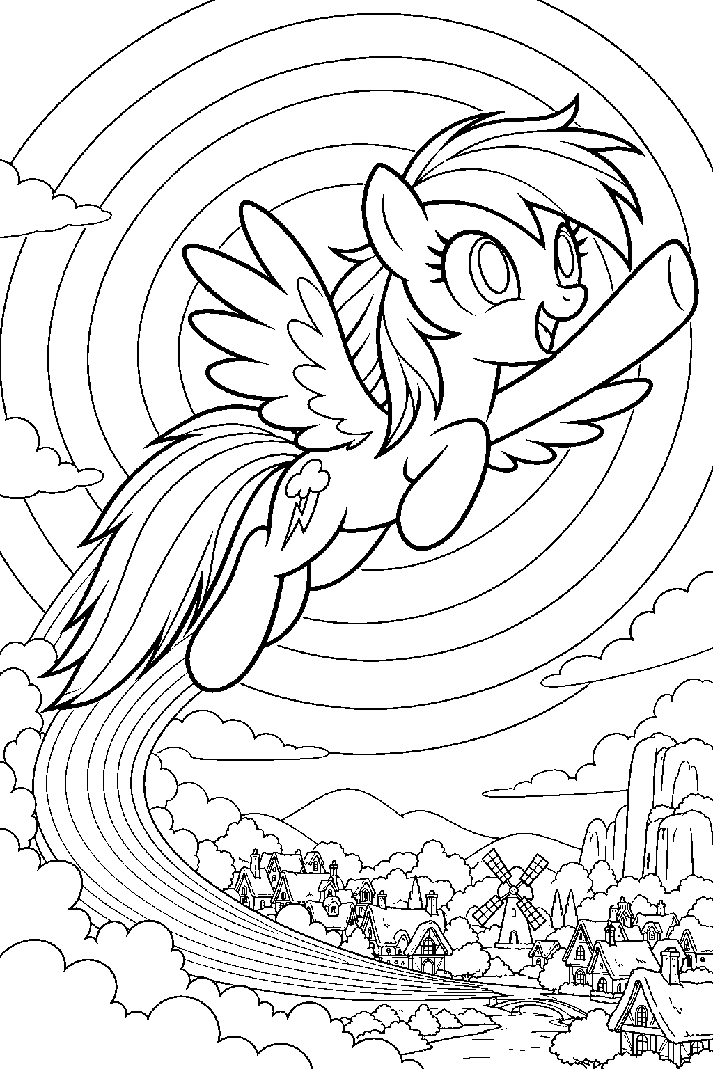my little pony rainbow dash performing a sonic rainboom above ponyville line art
