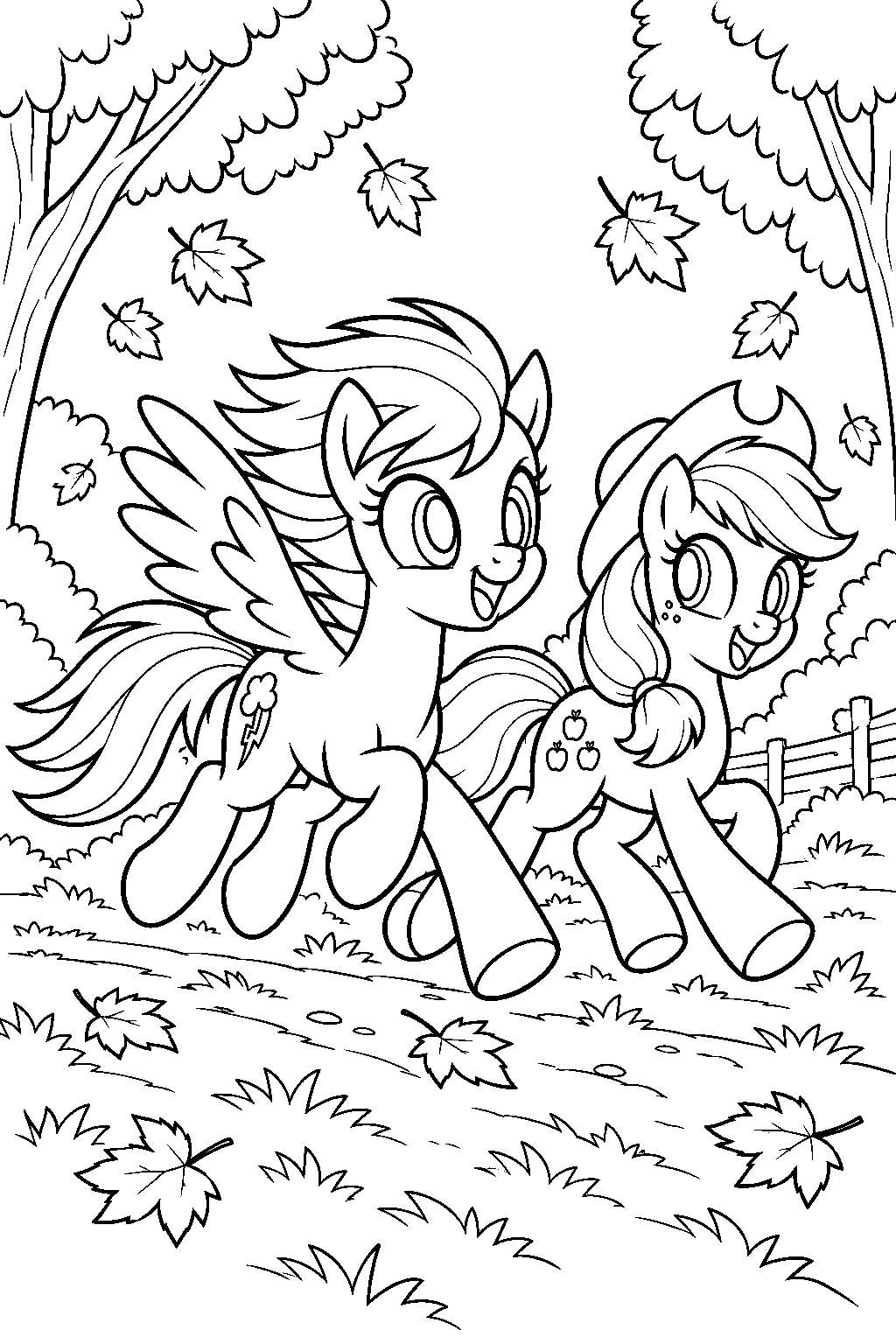 my little pony rainbow dash racing applejack through autumn trees during the running of the leaves line art