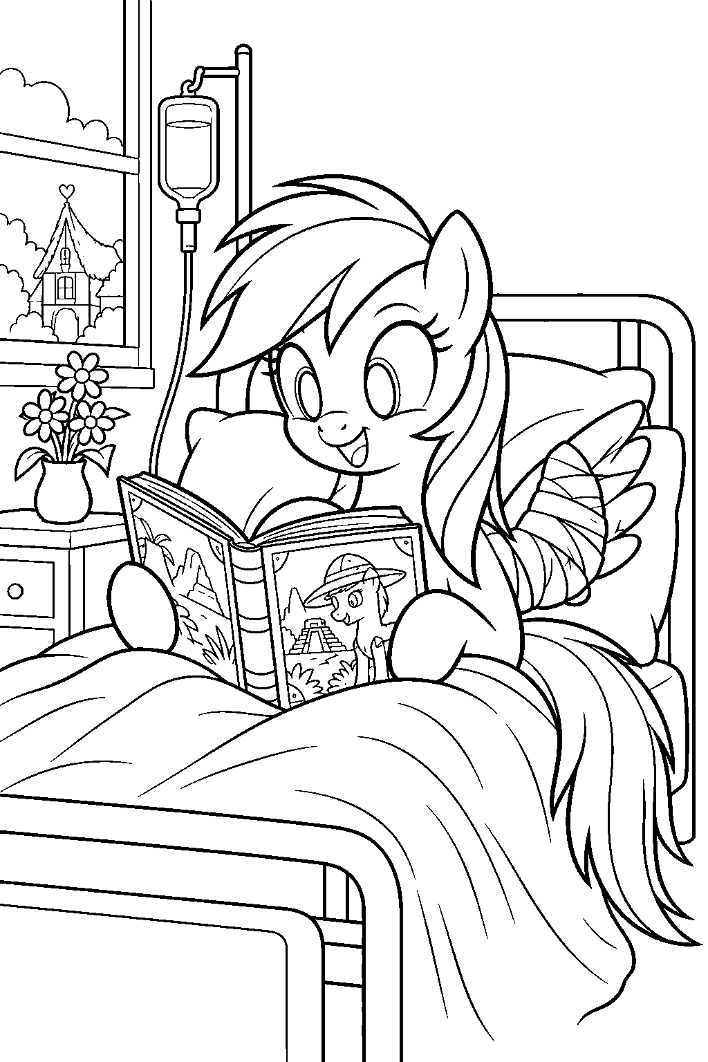 my little pony rainbow dash reading a daring do adventure book in ponyville hospital with a bandaged wing line art
