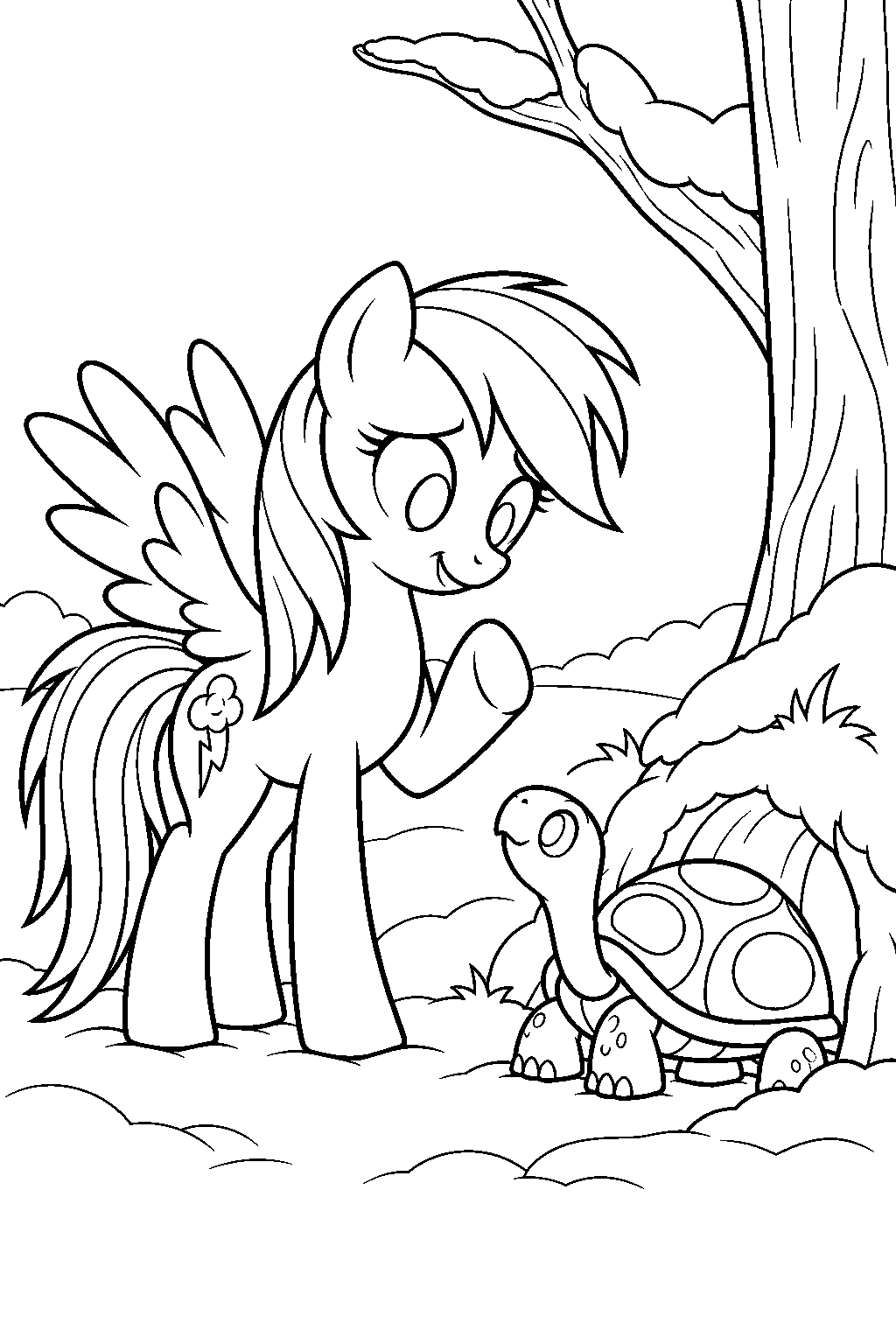 my little pony rainbow dash saying goodbye to tank beside his winter hibernation burrow line art