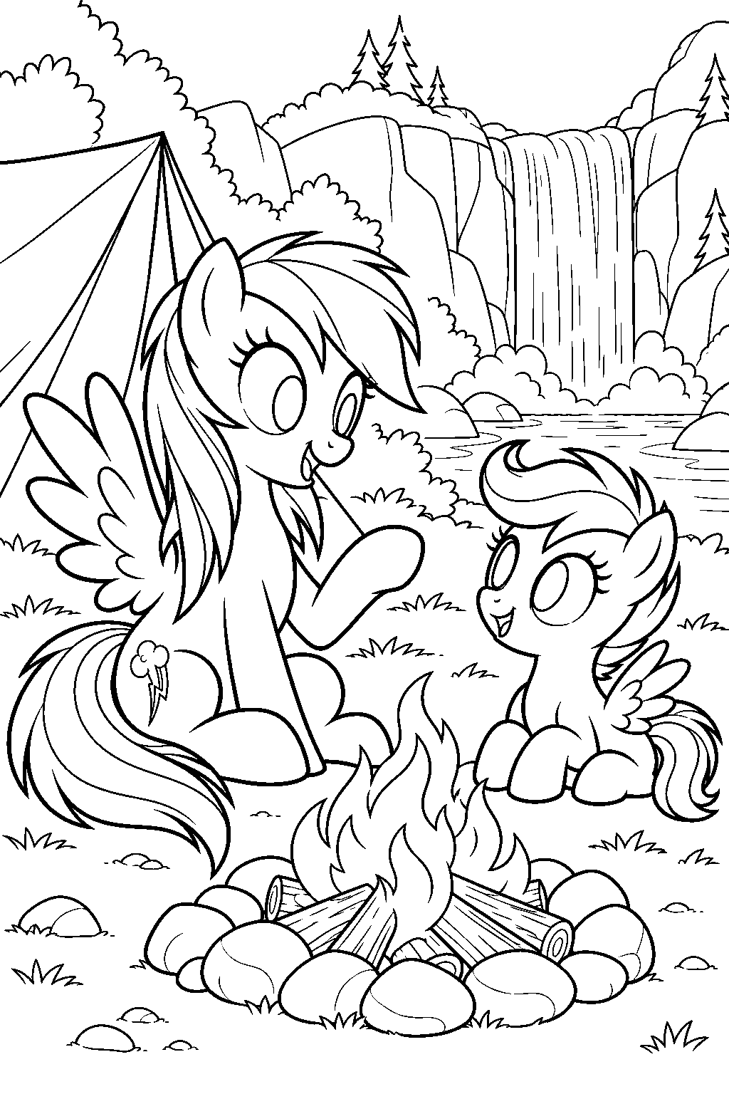my little pony rainbow dash telling scootaloo a campfire story near winsome falls line art