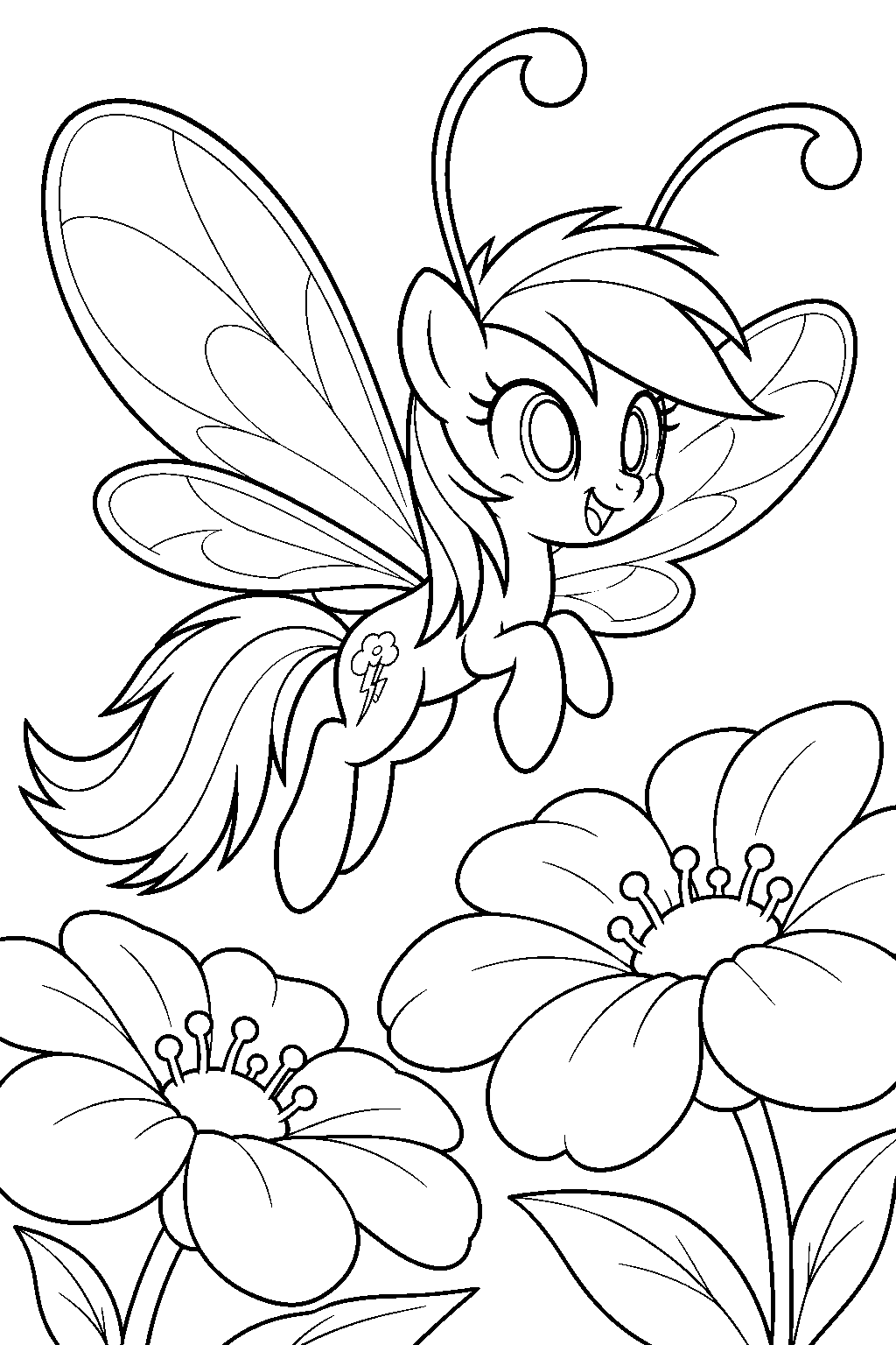 my little pony rainbow dash transformed into a tiny breezie flying among flowers line art