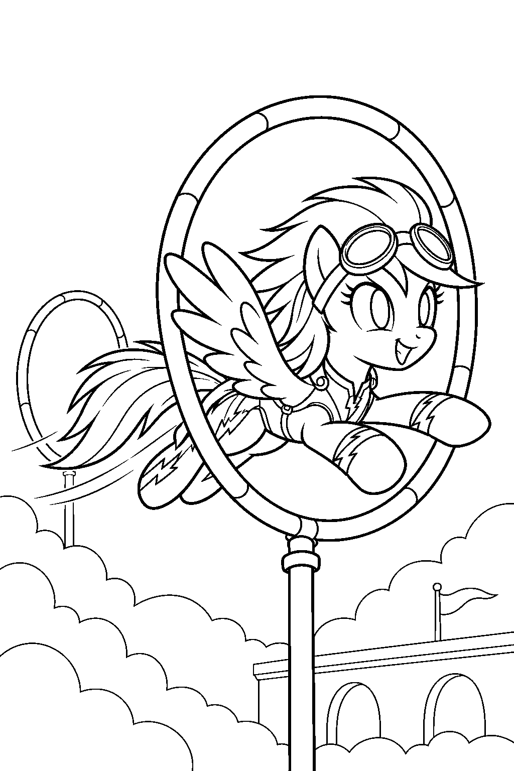my little pony rainbow dash wearing her cadet flight suit and flying through training hoops at wonderbolts academy line art