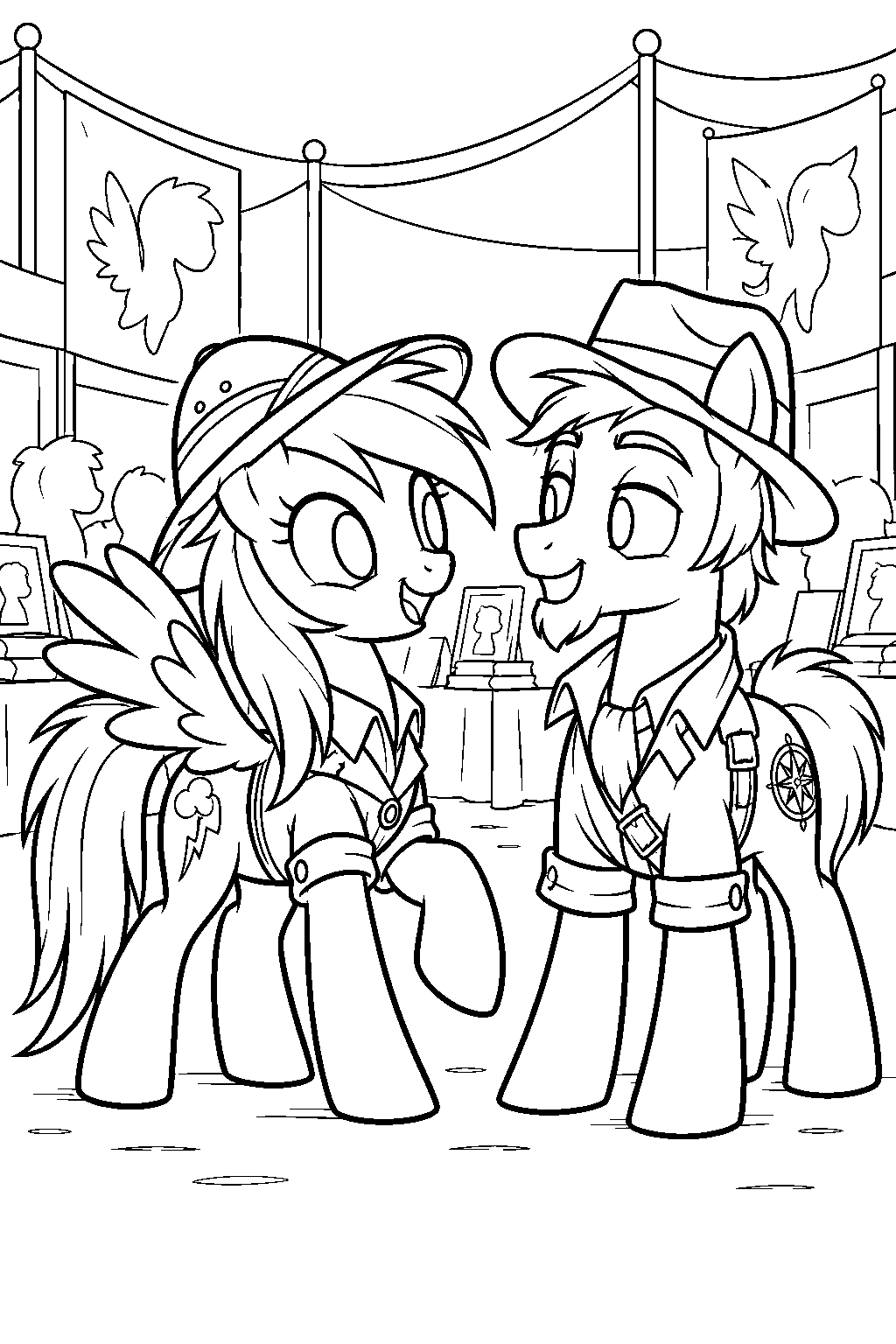 my little pony rainbow dash wearing her daring do explorer costume and meeting quibble pants at a fan convention line art