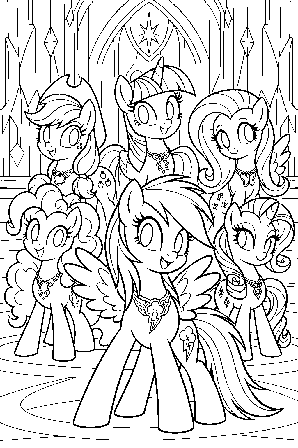 my little pony rainbow dash wearing her element of loyalty necklace with the mane six in the castle of the two sisters line art