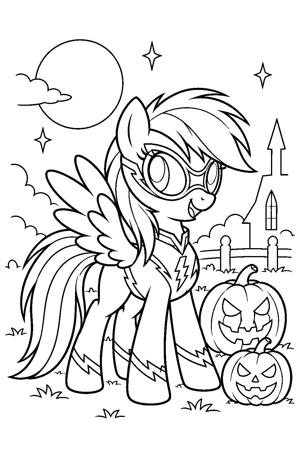 my little pony rainbow dash wearing her shadowbolt costume beside carved pumpkins on nightmare night line art